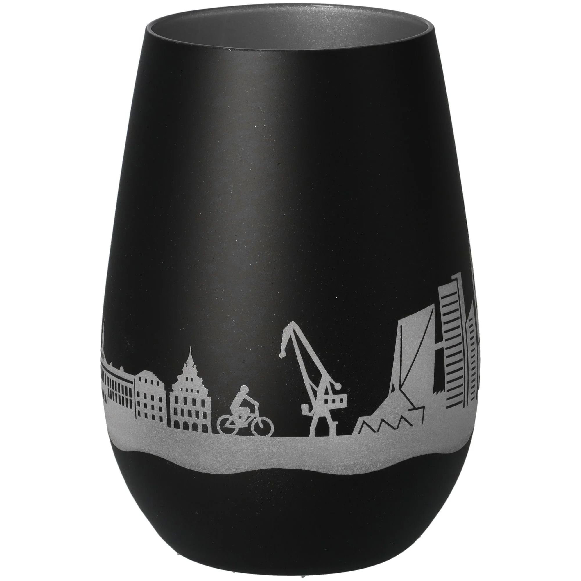 vaso, becher, schwarz, stadtsilhouette, urbanes muster