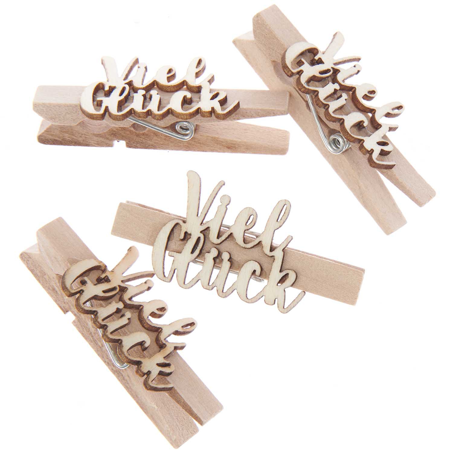4 Holzklammern "Viel Glück"