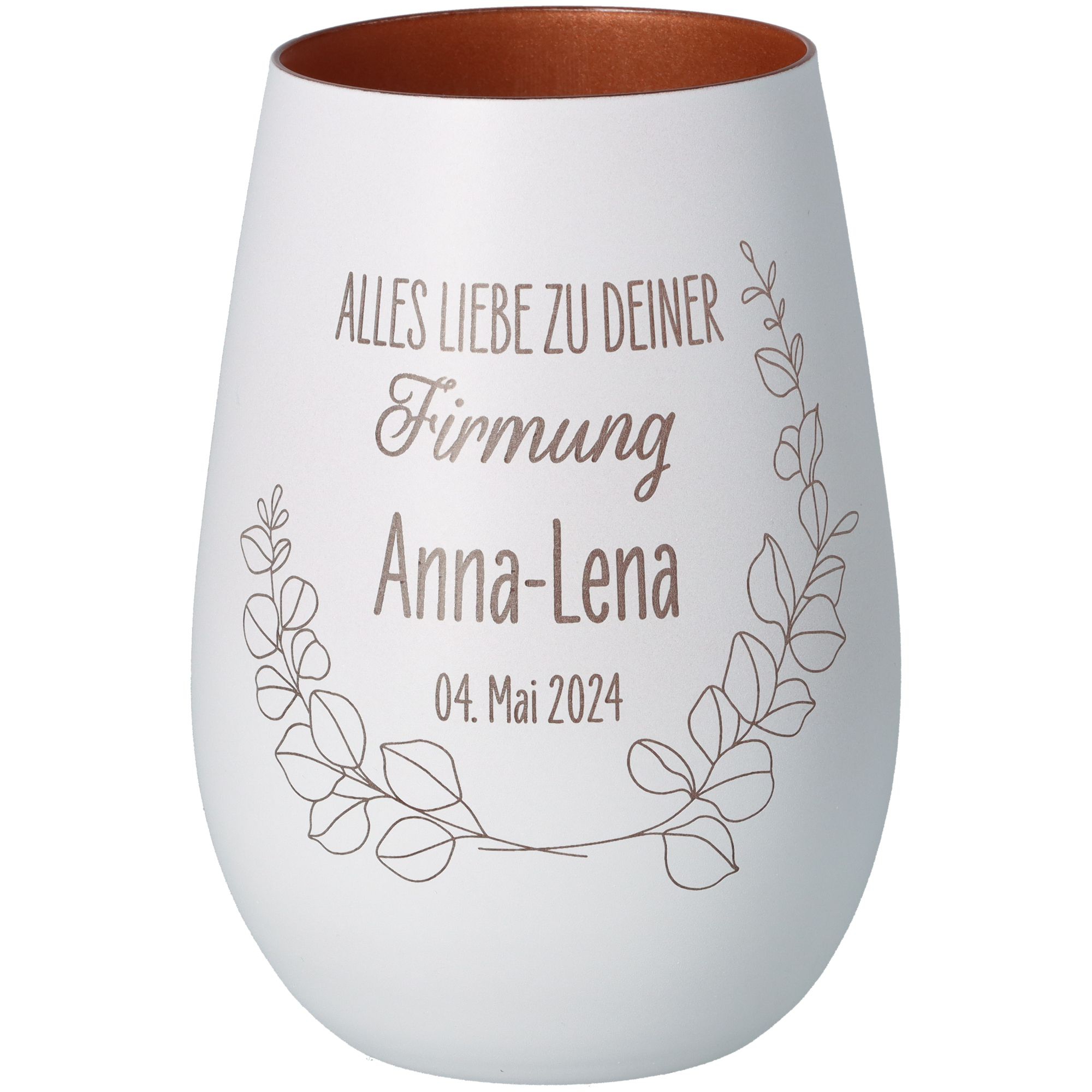 Windlicht Firmung Weiß/Bronze "Name + Datum" Windlicht Firmung Weiß/Bronze "Name + Datum"