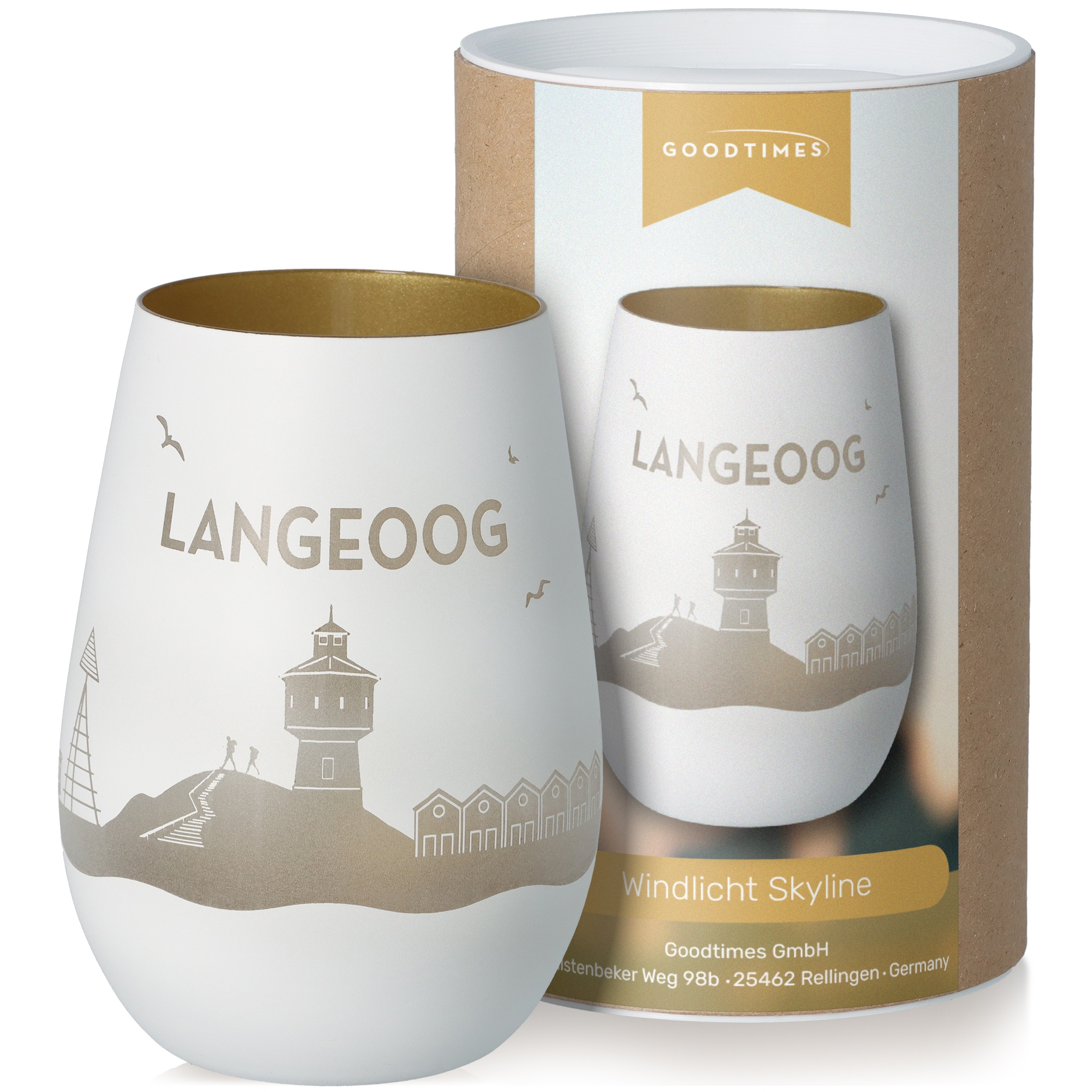 Windlicht Skyline Langeoog Weiß/Gold Töpferei, Krug, Tasse, Glas