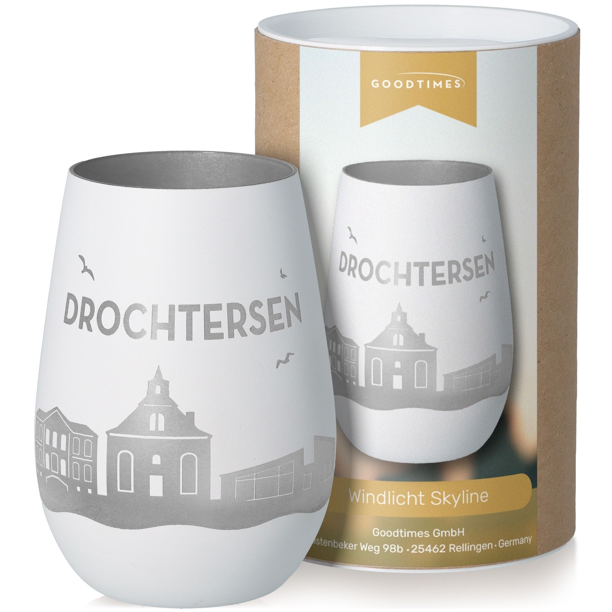Windlicht Skyline Drochtersen Weiß/Silber Töpferei, Krug, Tasse, Glas