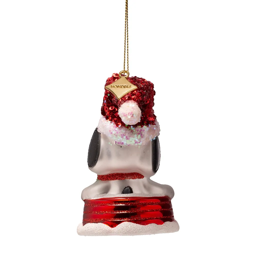 Snoopy-Anhänger, Glitzernde Deko, Rote Pailletten, Weihnachtsornament, Holz-/Basis?