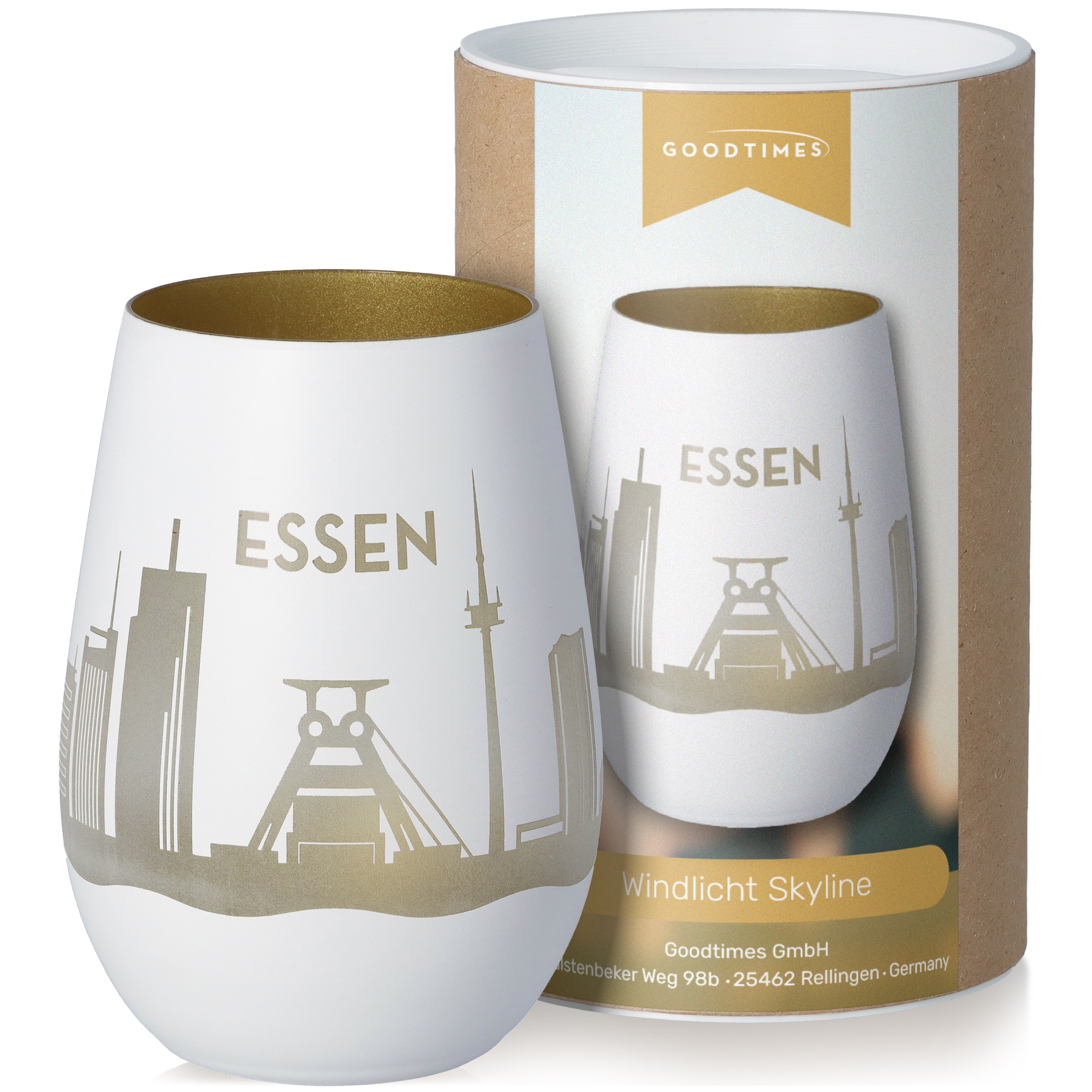 Windlicht Skyline Essen Weiß/Gold Töpferei, Krug, Tasse, Lampe