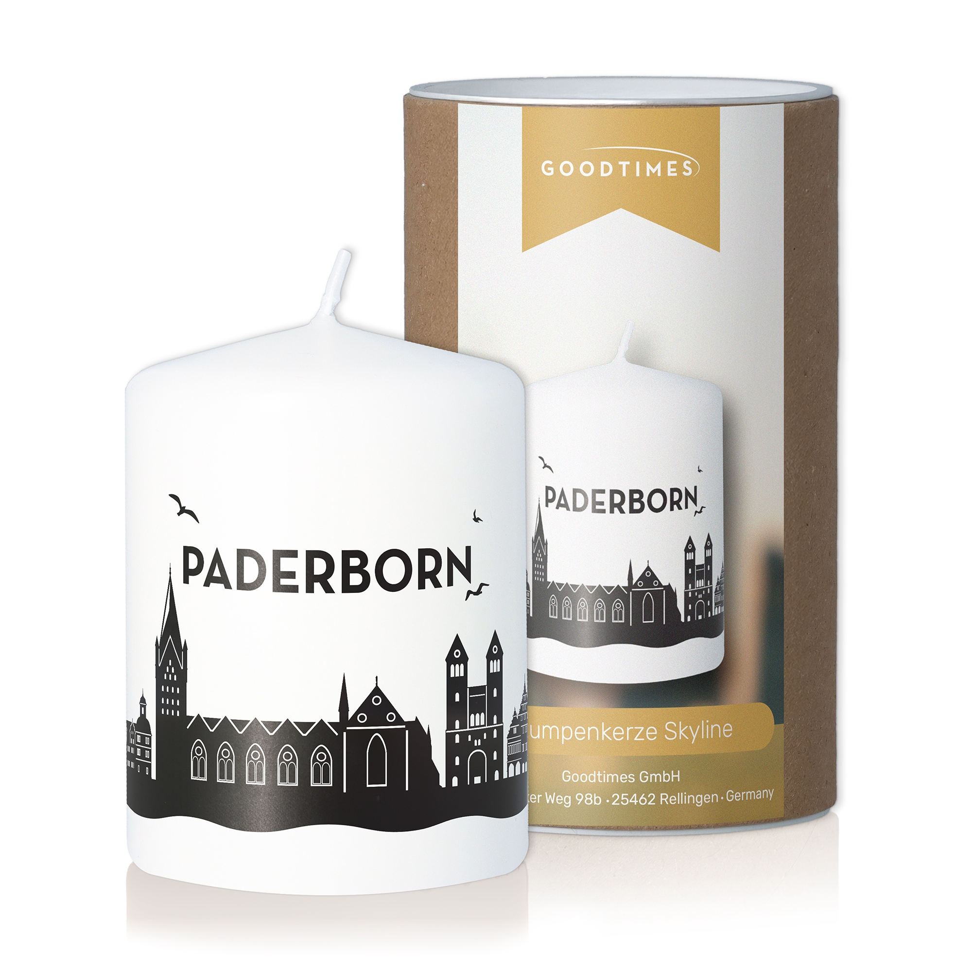 Stumpenkerze Skyline Paderborn Weiß Kerze