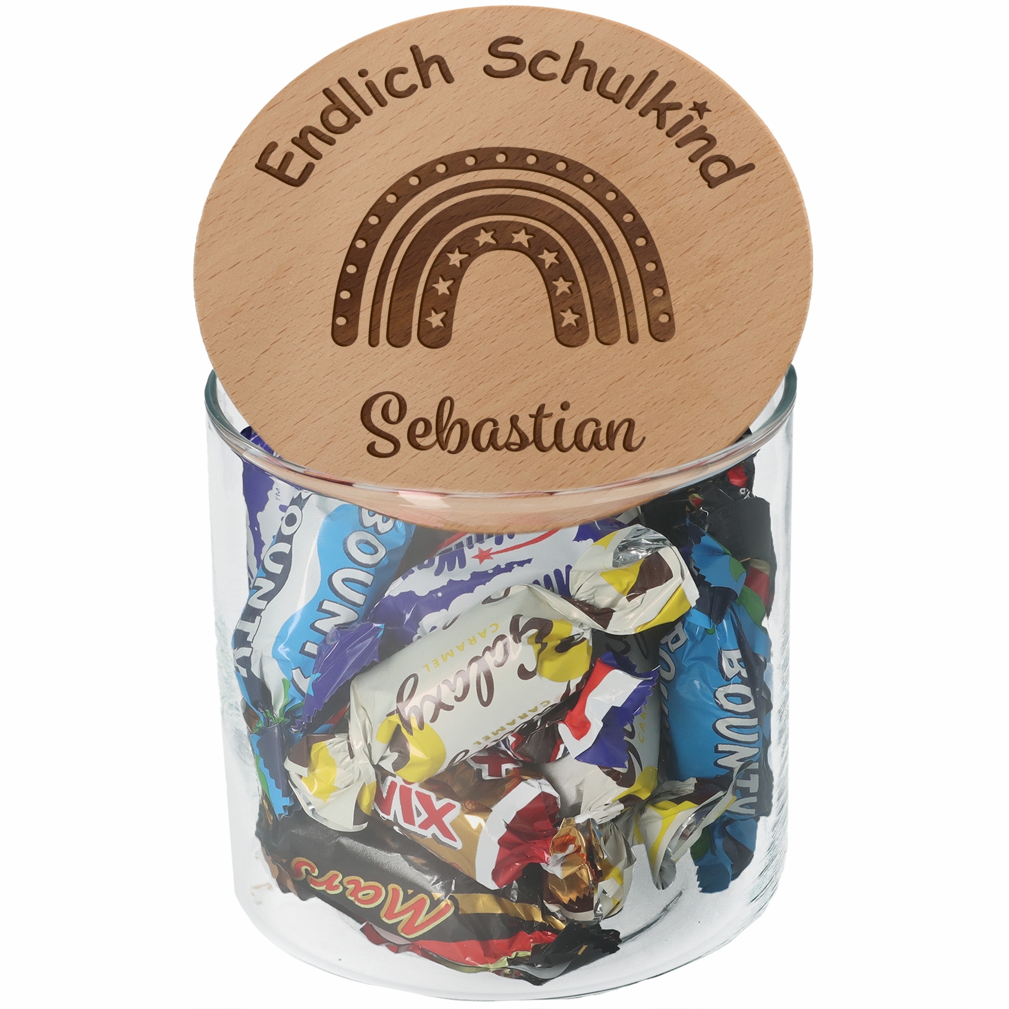 a51b5685c6154e50c6ccd80e0b2d5b8a31af39a3 Geschenkglas Endlich Schulkind Regenbogen Stern "Name" 530ml