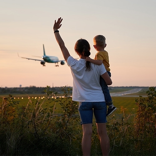 family, airplane, airport, sunset, child