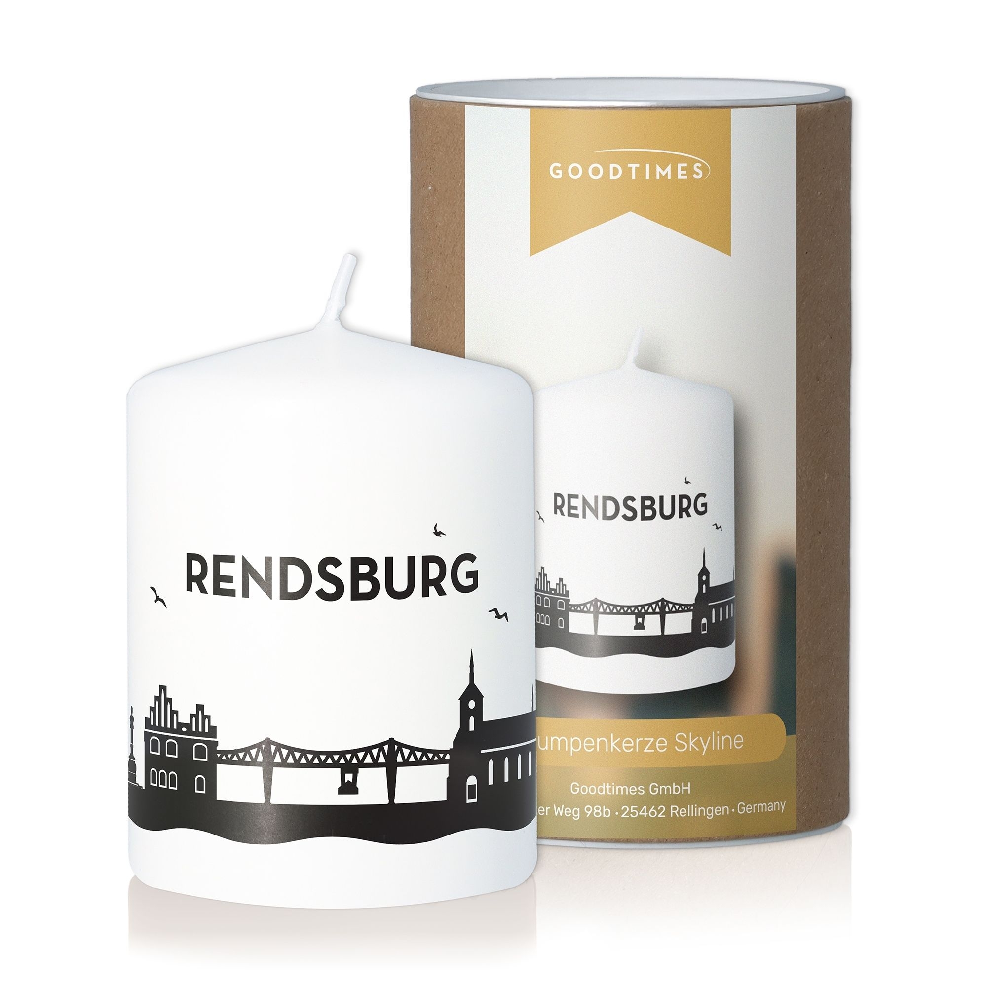 Stumpenkerze Skyline Rendsburg Weiß Kerze