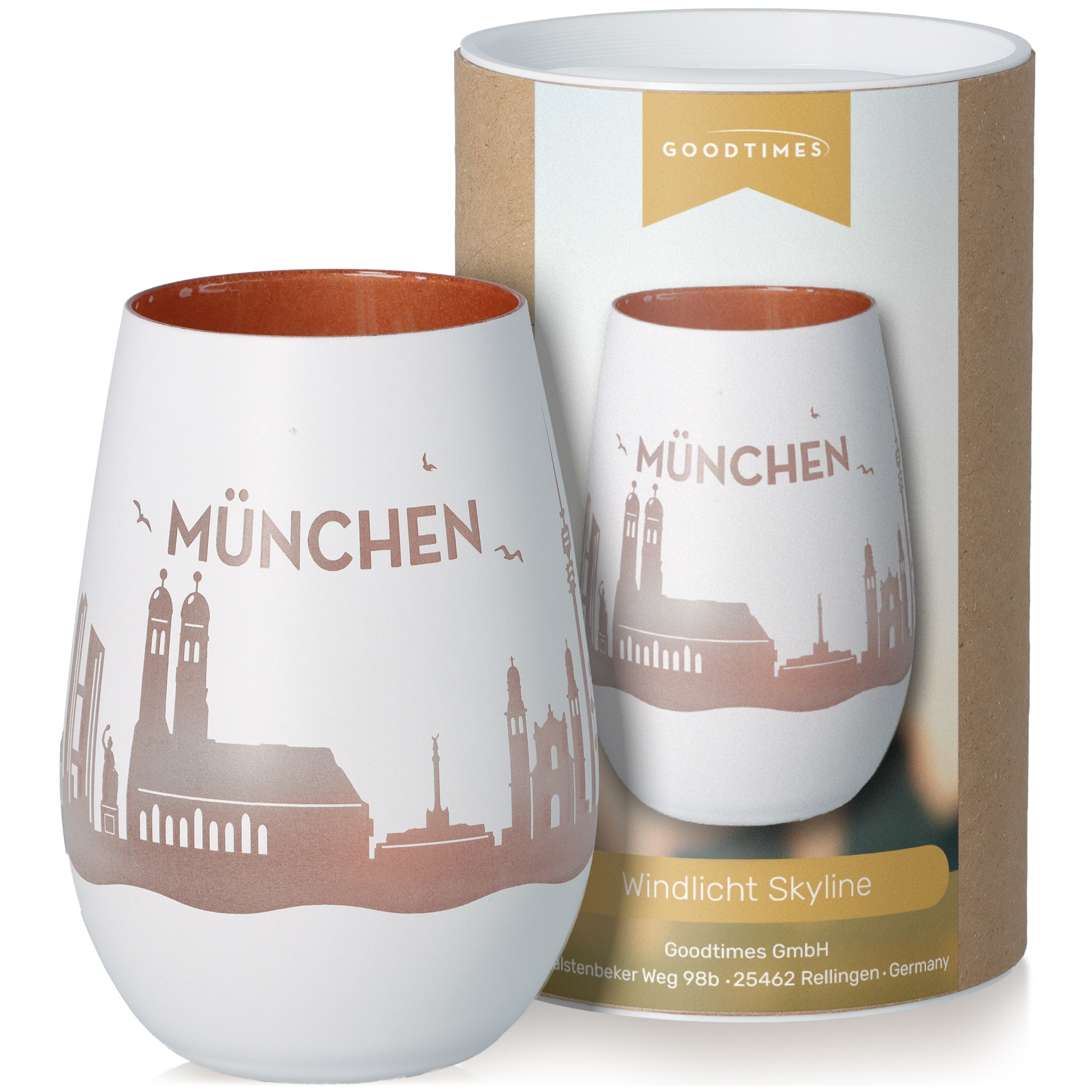 Windlicht Skyline München Weiß/Bronze Töpferei, Tasse, Kunst, Porzellan, Glas
