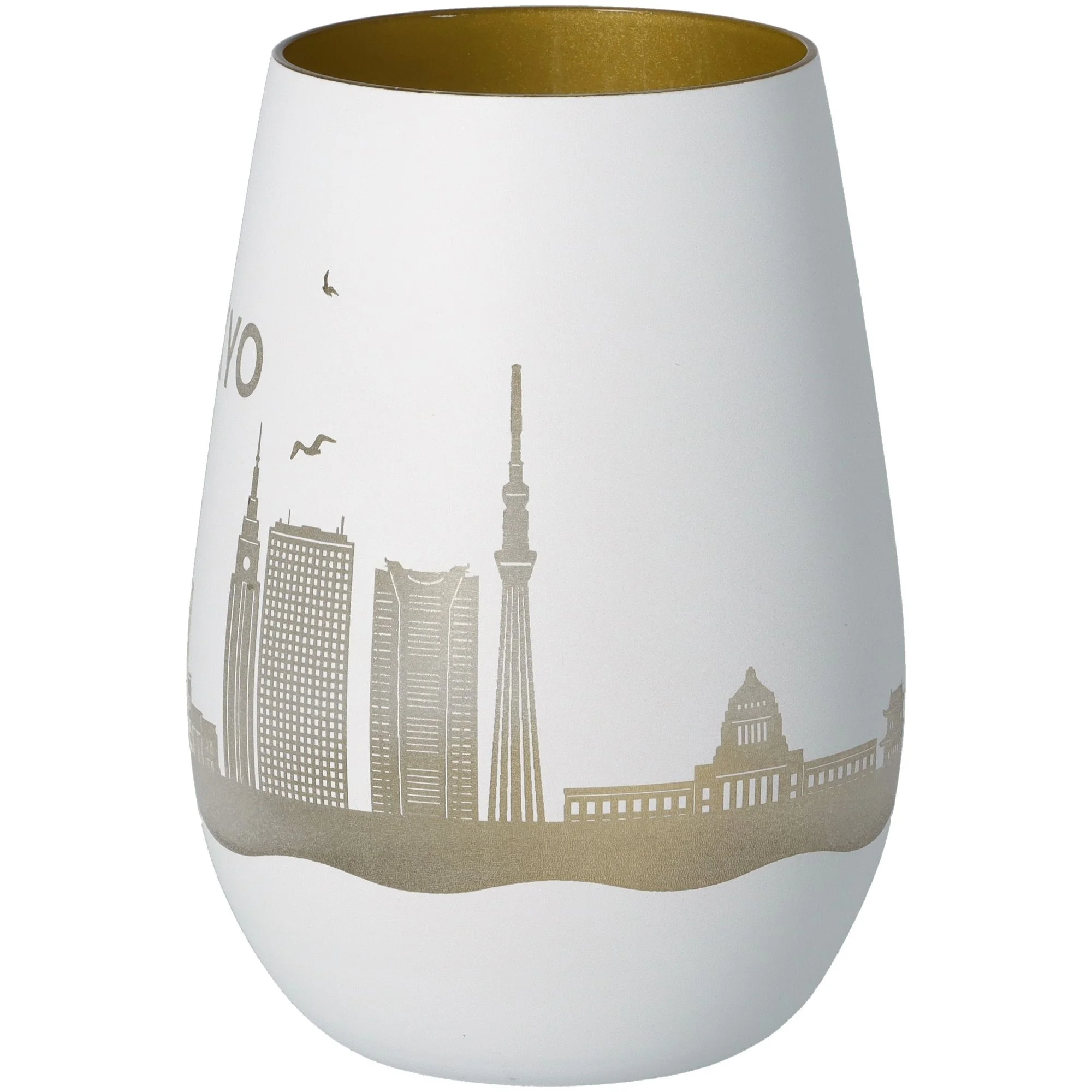 Vase, Weiß, Goldene Akzente, Stadt Silhouette, keramisch