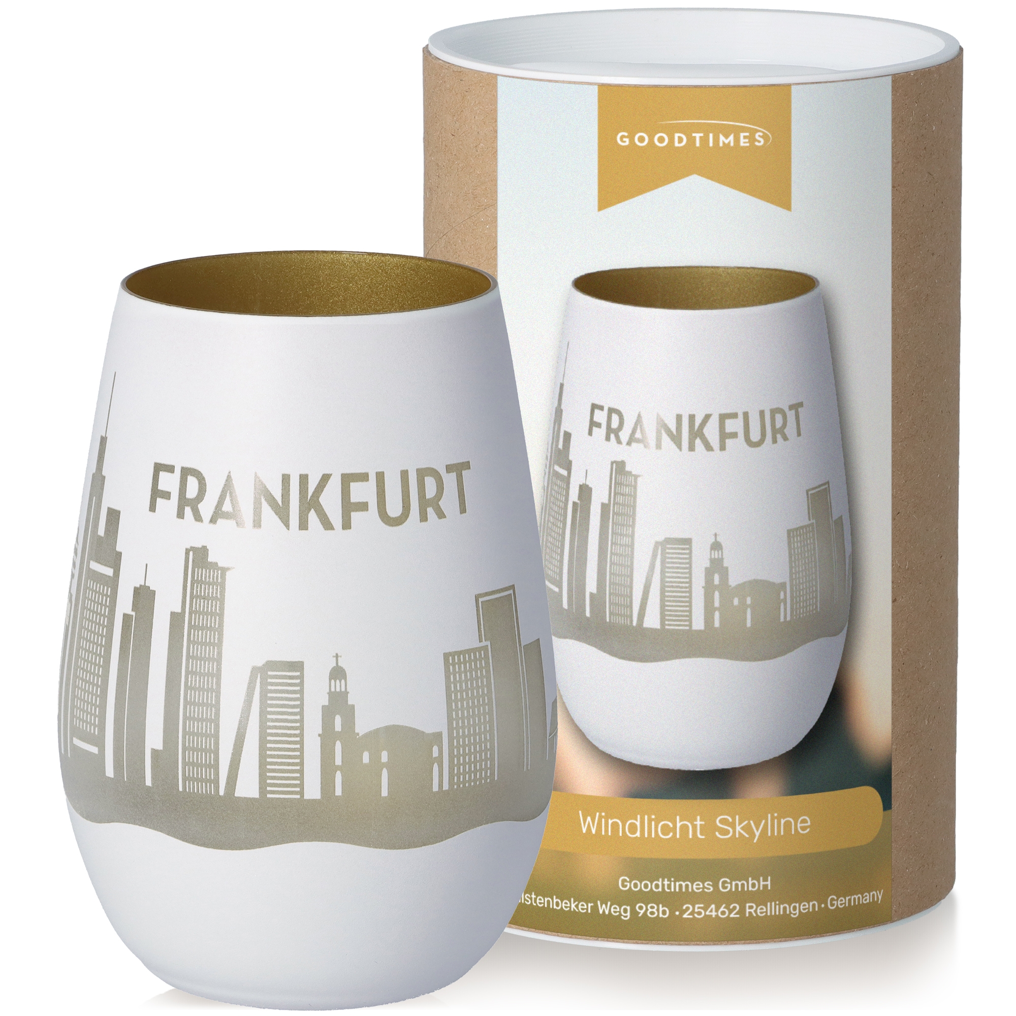 Windlicht Skyline Frankfurt Weiß/Gold Töpferei, Kunst, Porzellan, Tasse, Krug