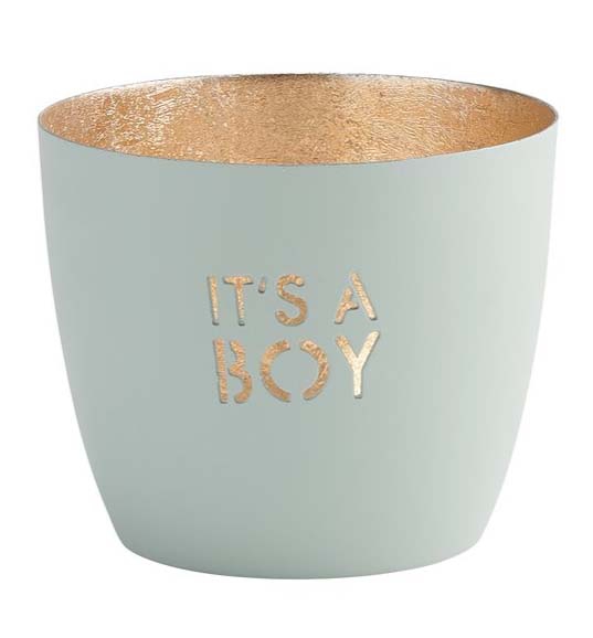 Madras Windlicht "It's a Boy", Pastellblau/Gold - M