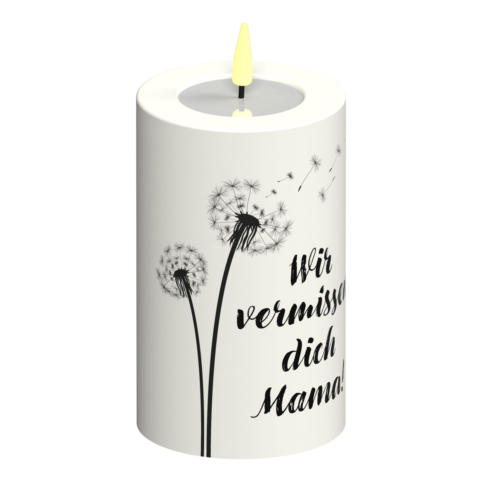 LED Stumpenkerze Weiß Pusteblume "Wir vermissen dich Mama!"