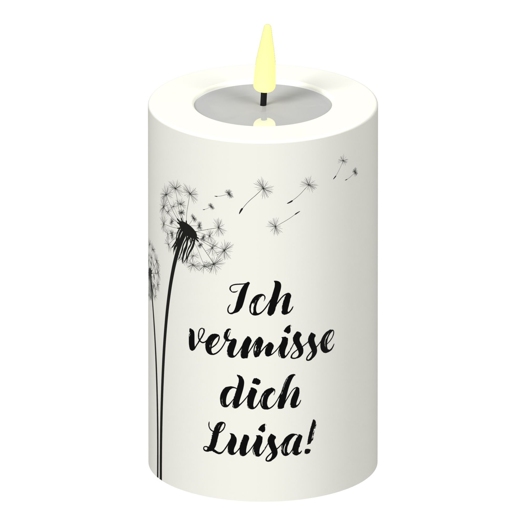 LED Stumpenkerze Weiß Pusteblume "Ich vermisse dich NAME"!