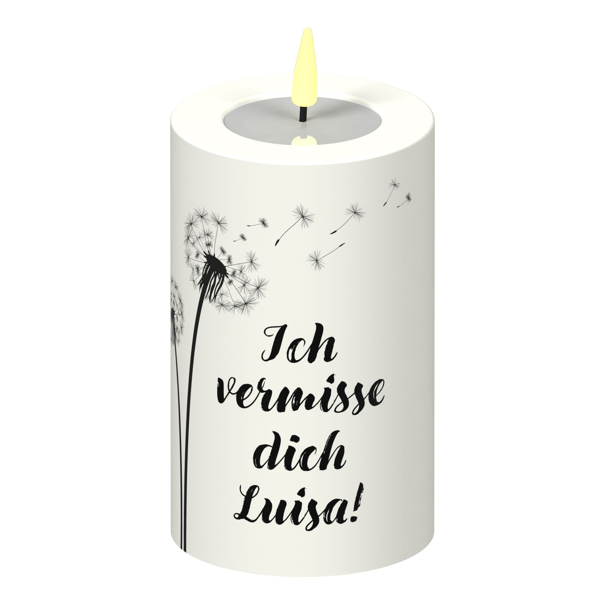 LED Stumpenkerze Weiß Pusteblume "Ich vermisse dich NAME"! LED Stumpenkerze Weiß Pusteblume "Ich vermisse dich NAME"!