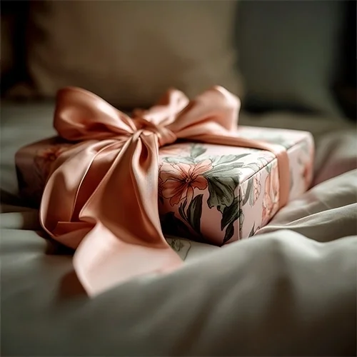 Geschenkverpackung, Geschenkbox, Samtband, Blumenmuster, Rosa