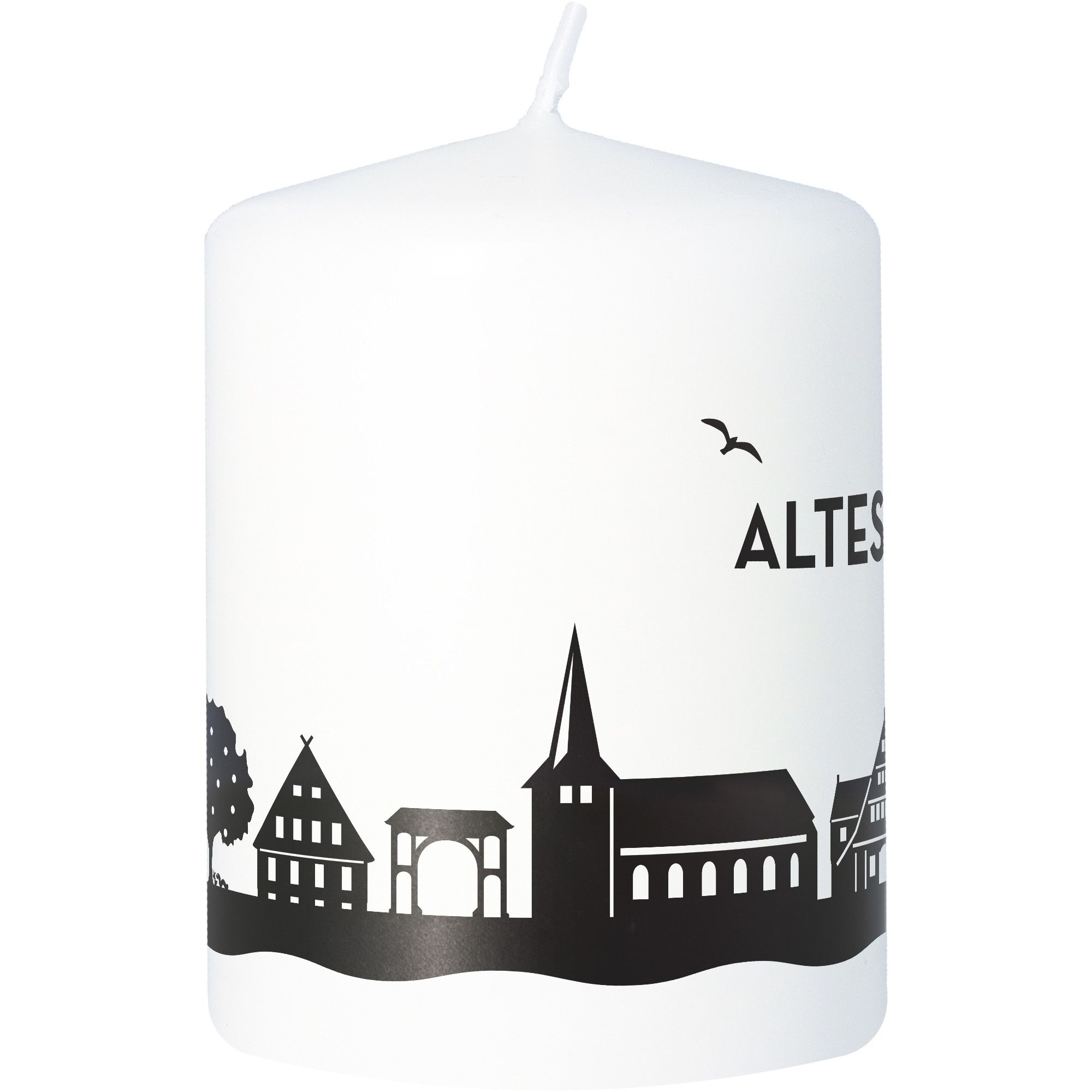 Stumpenkerze Skyline Altes Land Weiß Kerze, Tier, Vogel