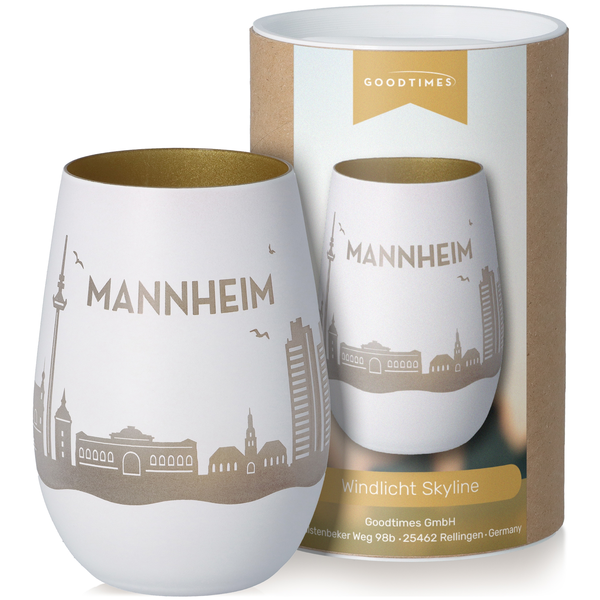 Windlicht Skyline Mannheim Weiß/Gold Töpferei, Krug, Tasse, Kunst, Porzellan