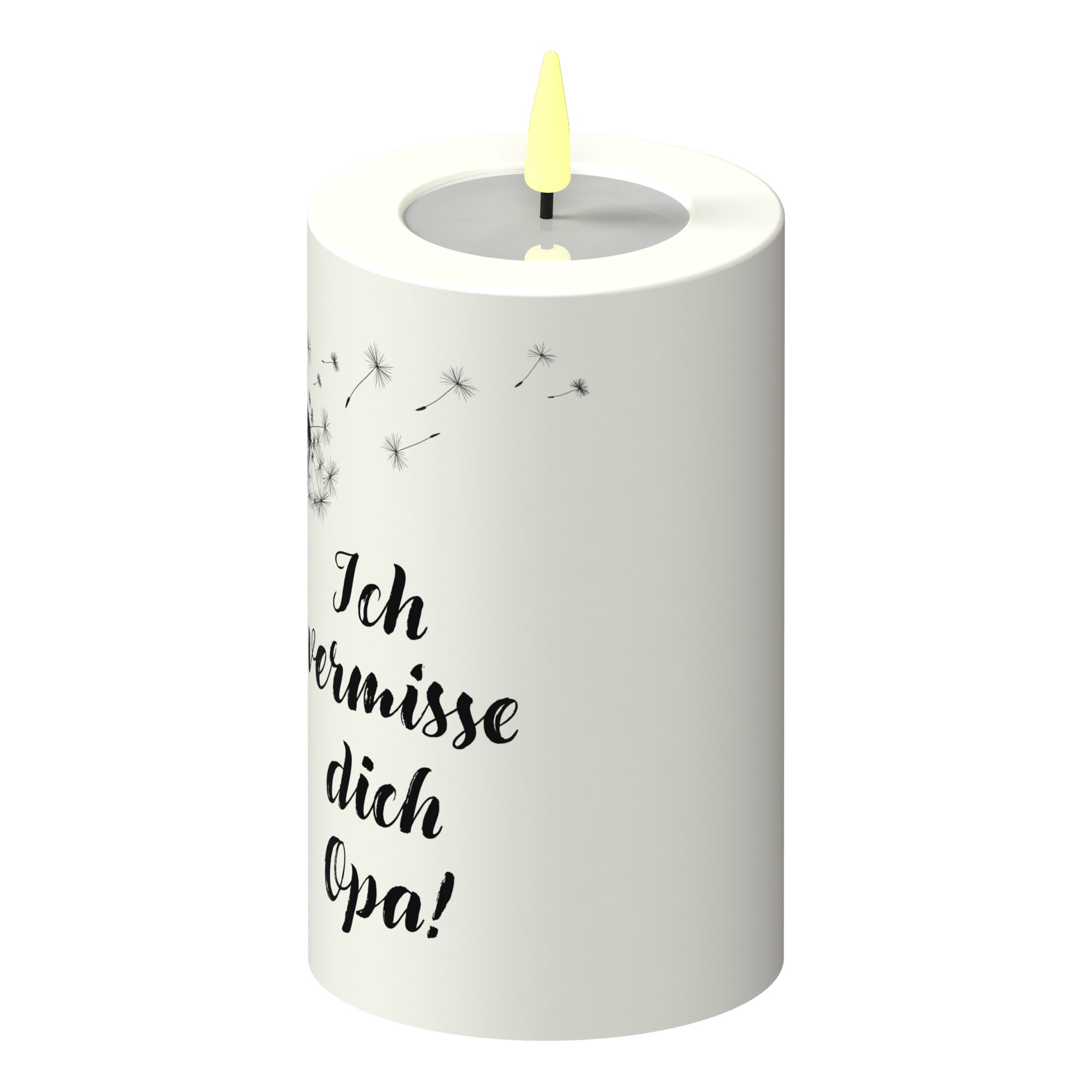 LED Stumpenkerze Weiß Pusteblume "Ich vermisse dich Opa!" LED Stumpenkerze Weiß Pusteblume "Ich vermisse dich Opa!"