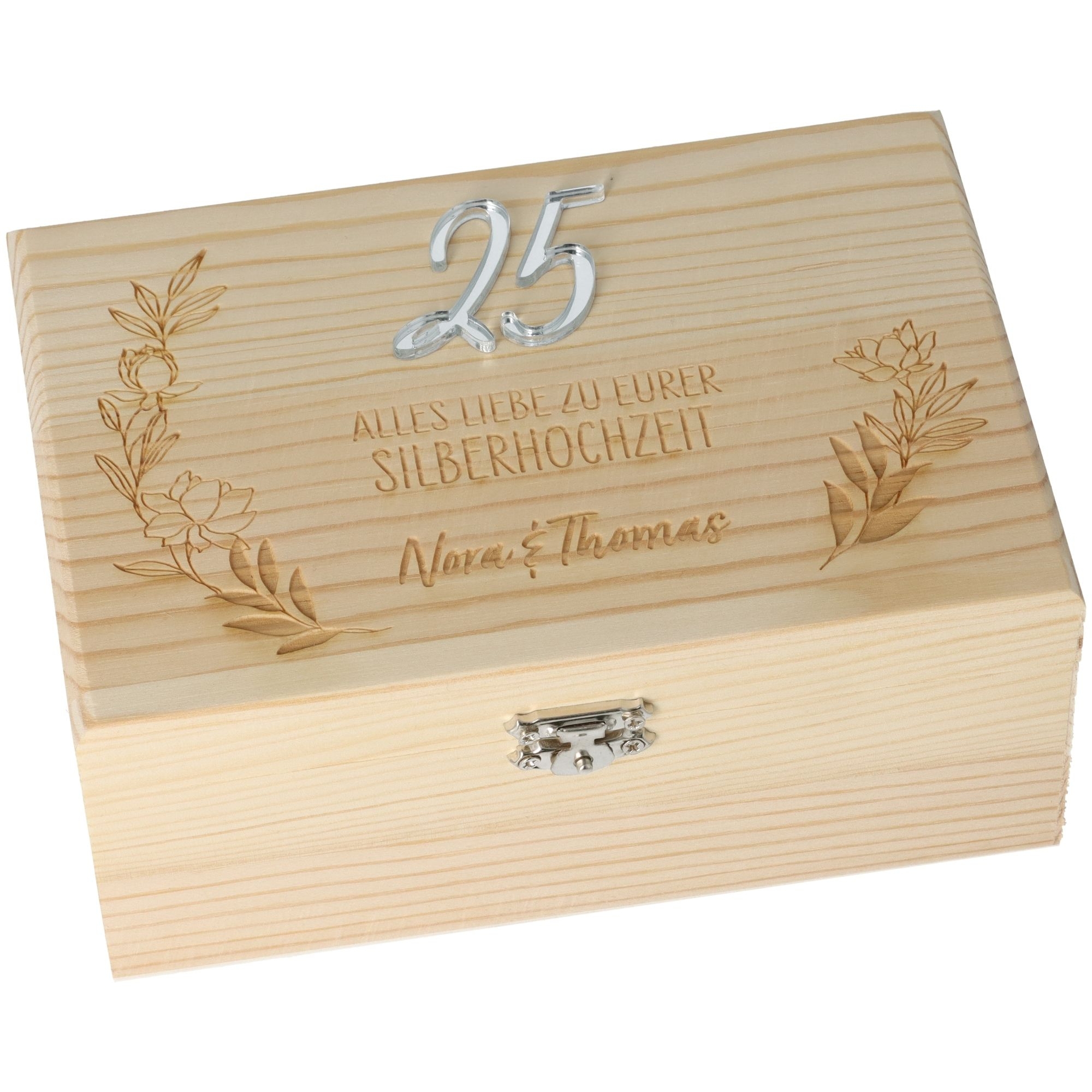 Geschenkbox 25 Silberhochzeit mit "Namen" Holzbox, Schmuckbox, 25 Jahre, Silberhochzeit, Gravur