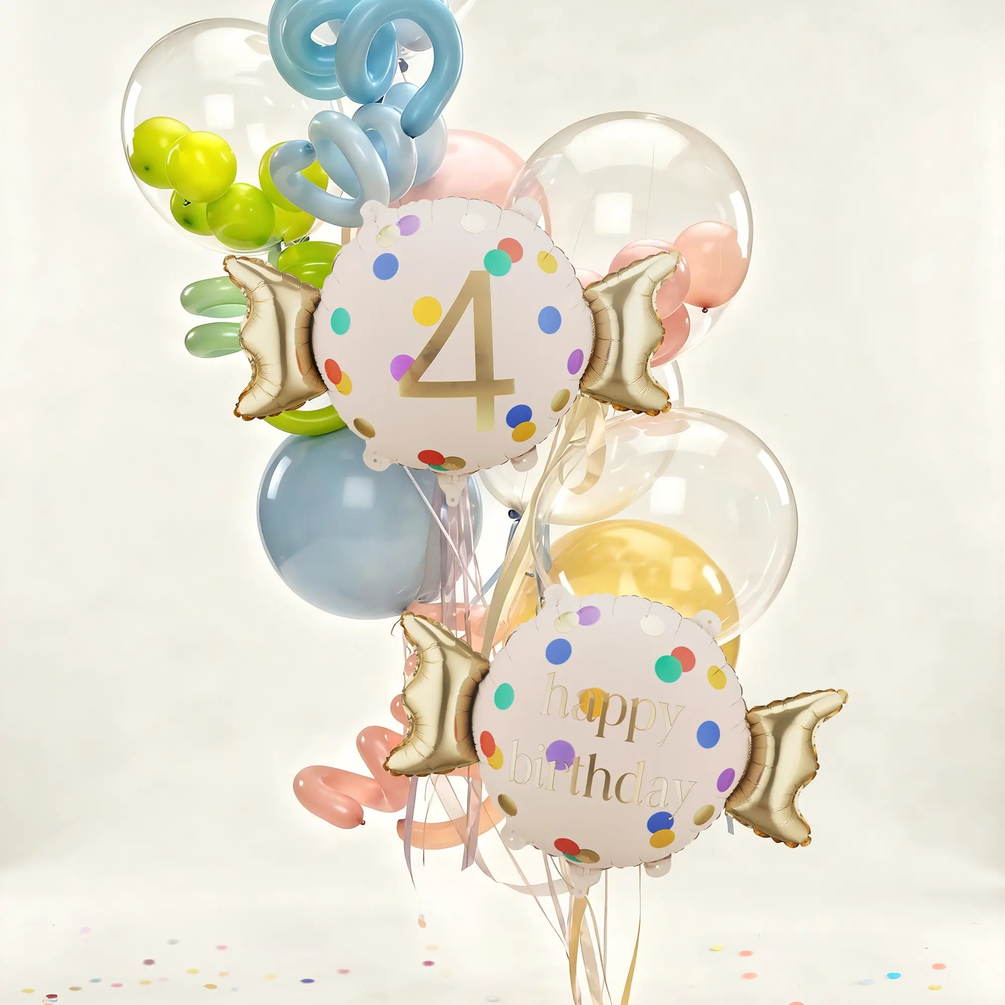 balloons, birthday, balloon bouquet, 4th birthday, confetti