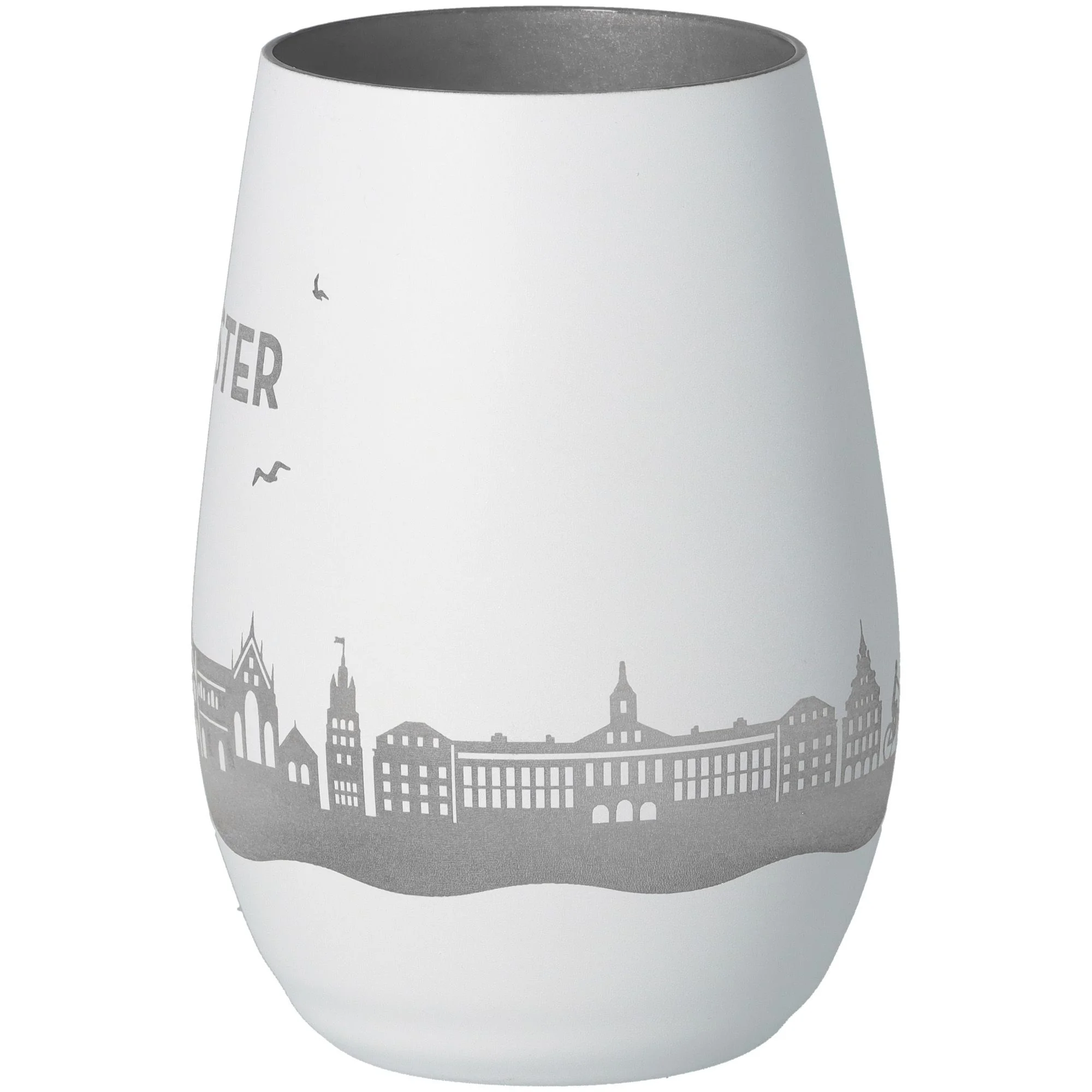 Vase, Weiße Vase, Stadt silhouettes, Grau Muster, Glänzende Keramik