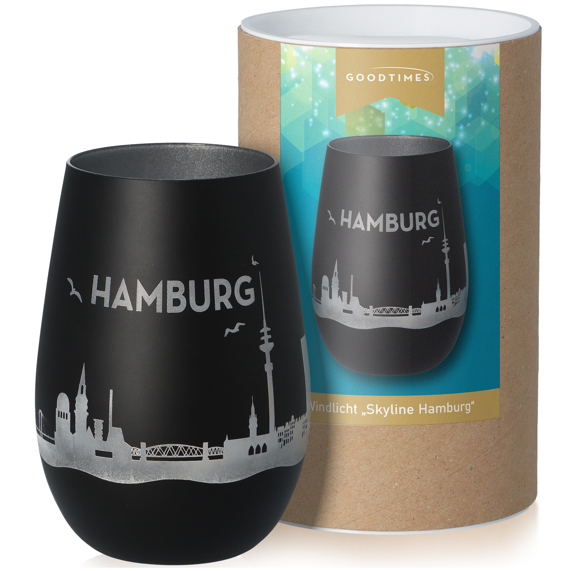 Windlicht Skyline Hamburg Schwarz/Silber