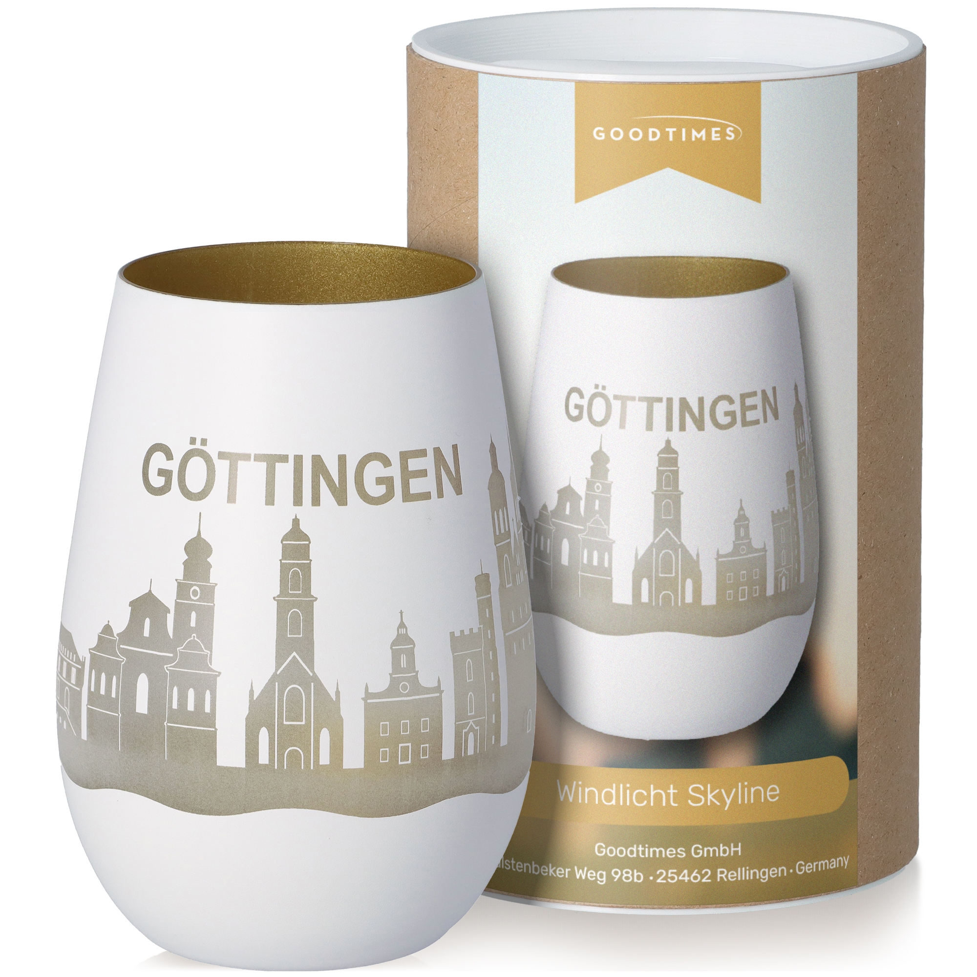Windlicht Skyline Göttingen Weiß/Gold Töpferei, Glas, Tasse, Krug, Porzellan