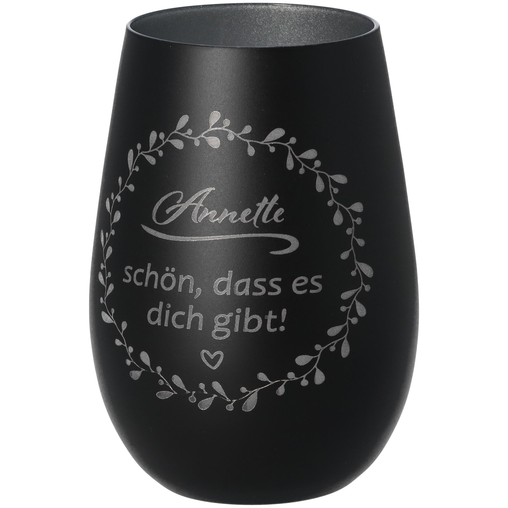 Windlicht Schön, dass es dich gibt "Name" Schwarz/Silber 465ml