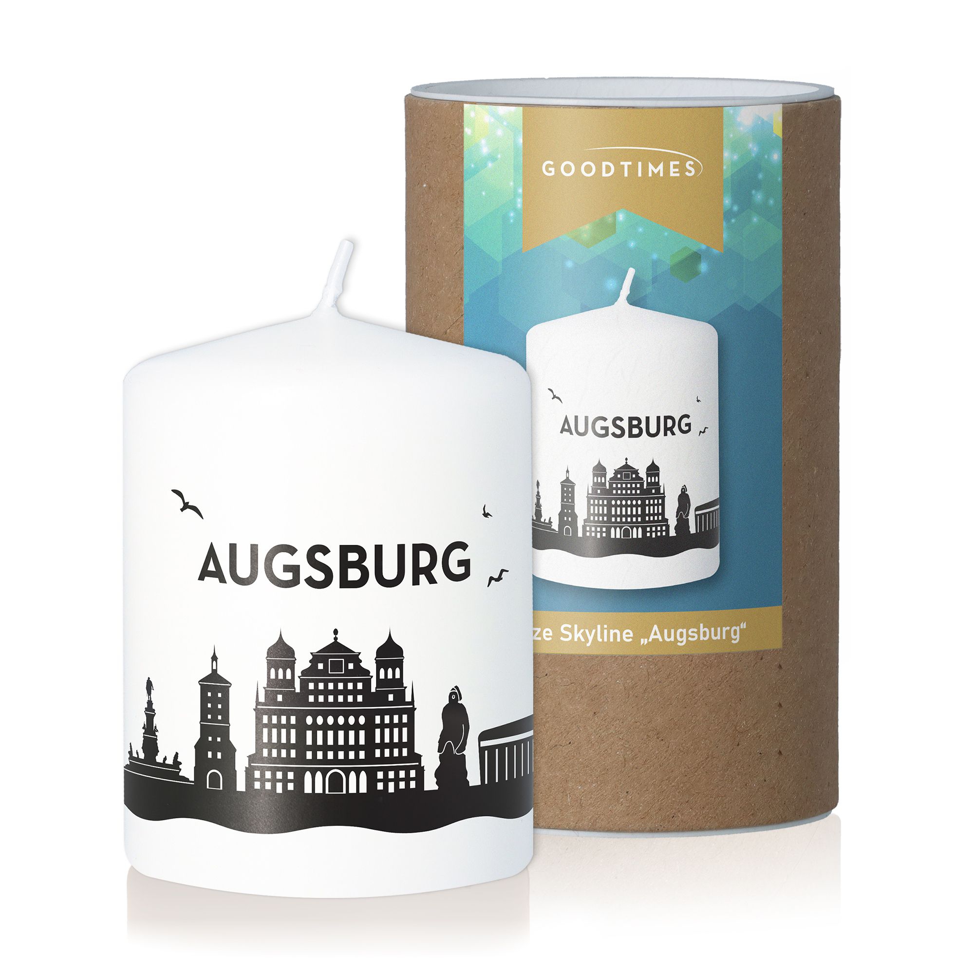 Stumpenkerze Skyline Augsburg Weiß