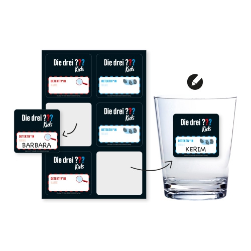 Die drei ??? Kids - 6 Namensaufkleber Glas, Text, Pokal