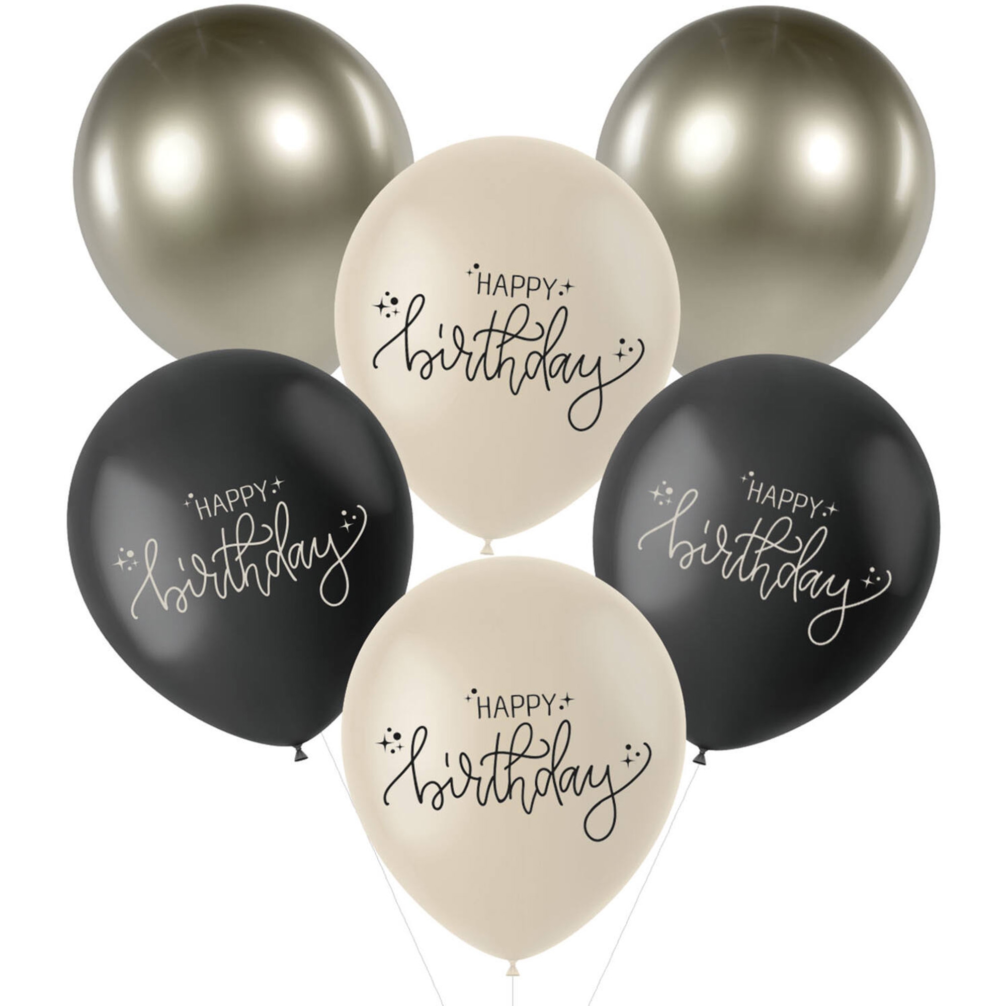 6 Latexballons im Set "Happy Birthday" Creme Noir Ø 33cm