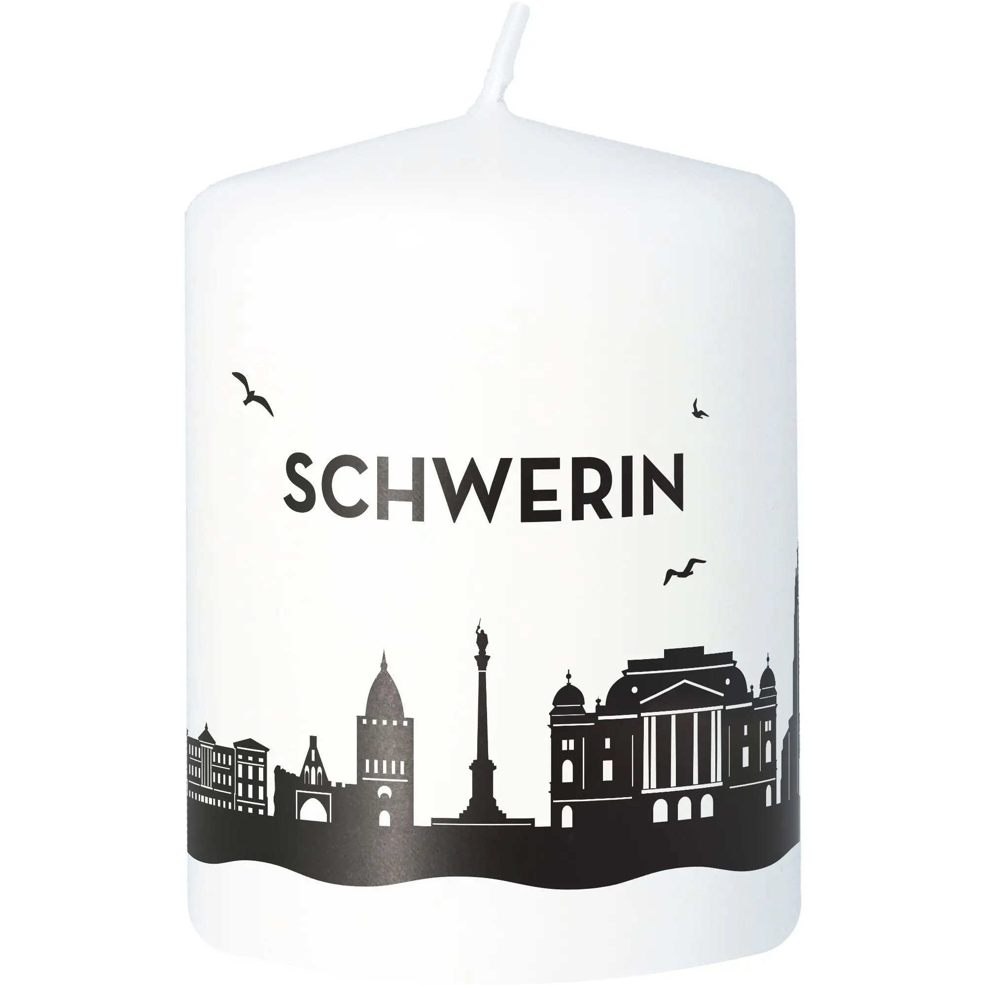 Stumpenkerze Skyline Schwerin Weiß