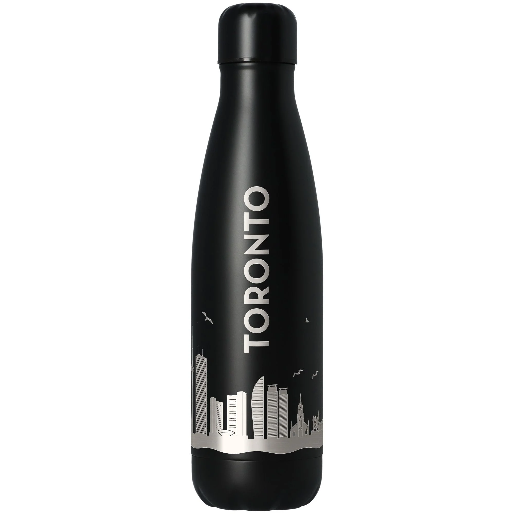 flasche, trinkflasche, isoliert, stadt skyline, mattschwarz