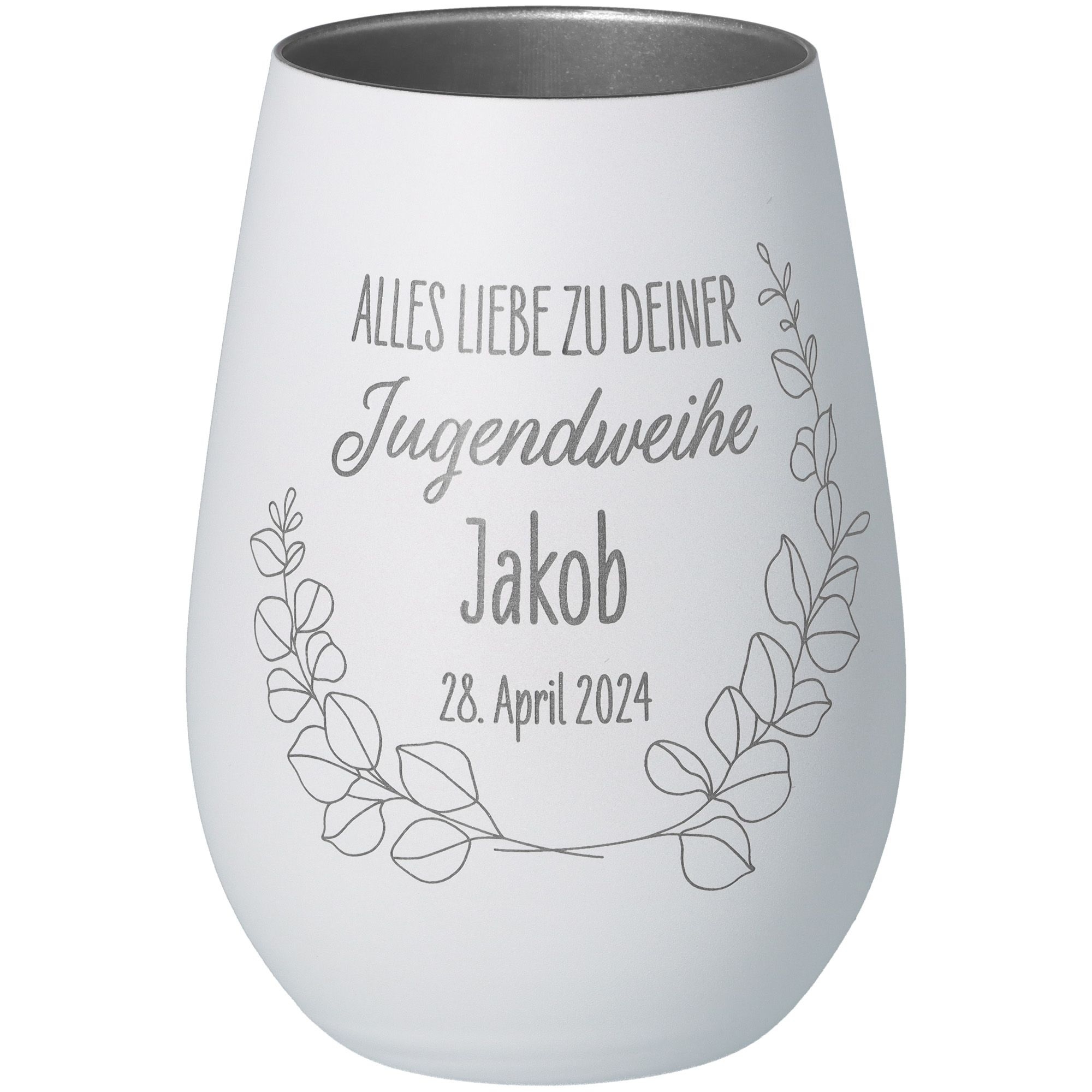 Windlicht Jugendweihe Weiß/Silber "Name + Datum" Windlicht Jugendweihe Weiß/Silber "Name + Datum"