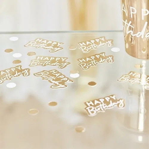Happy Birthday, Konfetti, Keksformen, goldfarben, Tischdeko