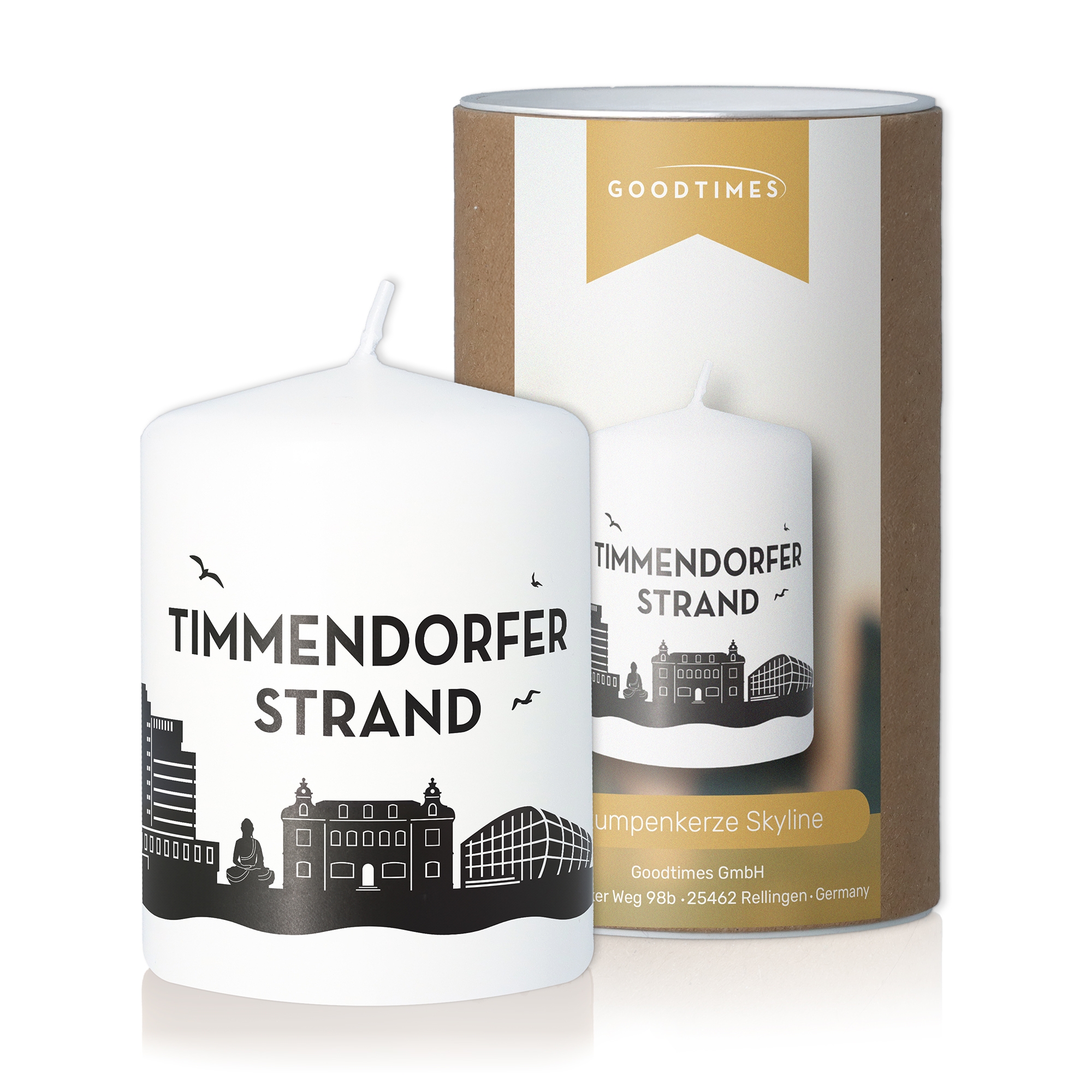 Stumpenkerze Skyline Timmendorfer Strand Weiß Stumpenkerze Skyline Timmendorfer Strand Weiß