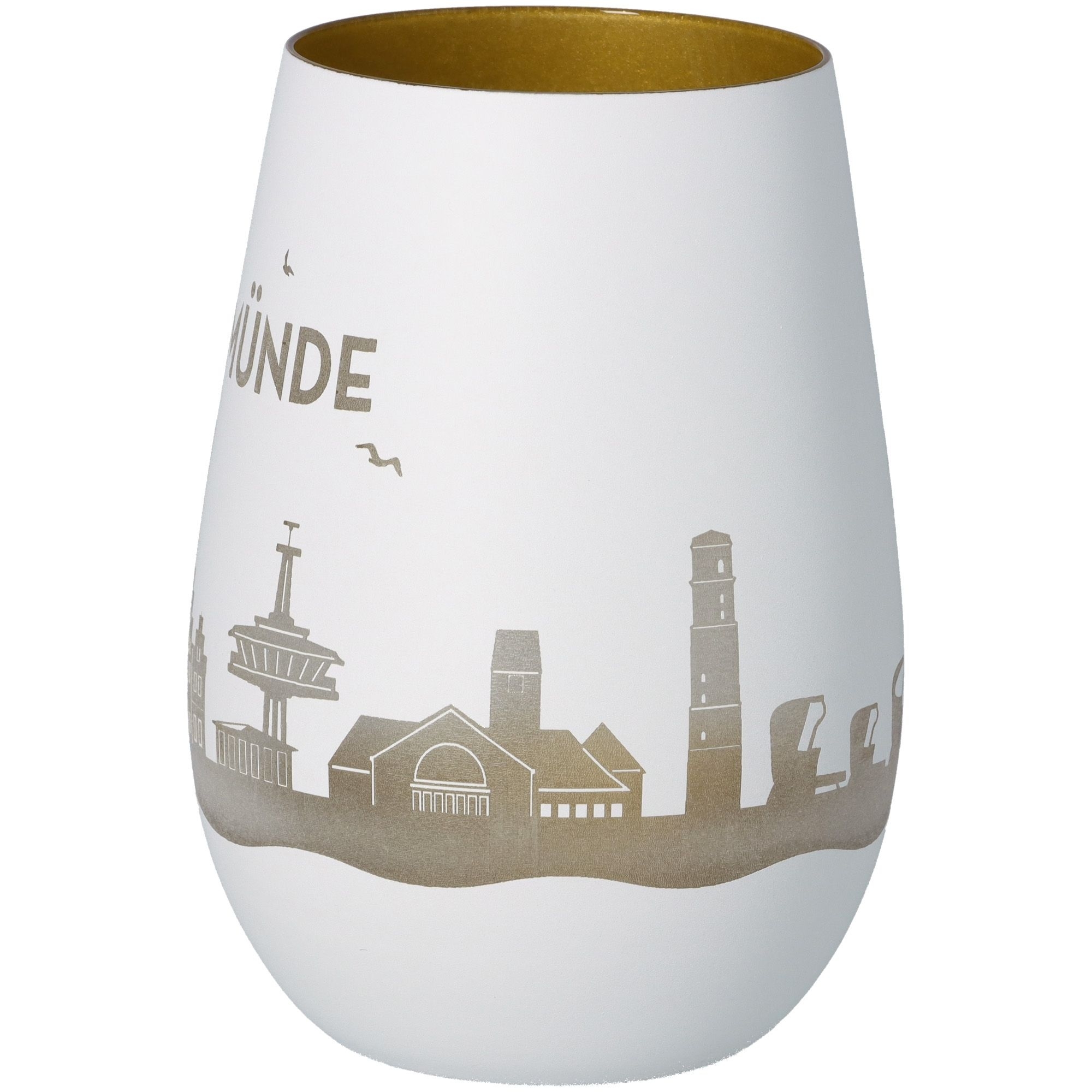 Windlicht Skyline Travemünde Weiß/Gold Töpferei, Glas, Vase, Lampe