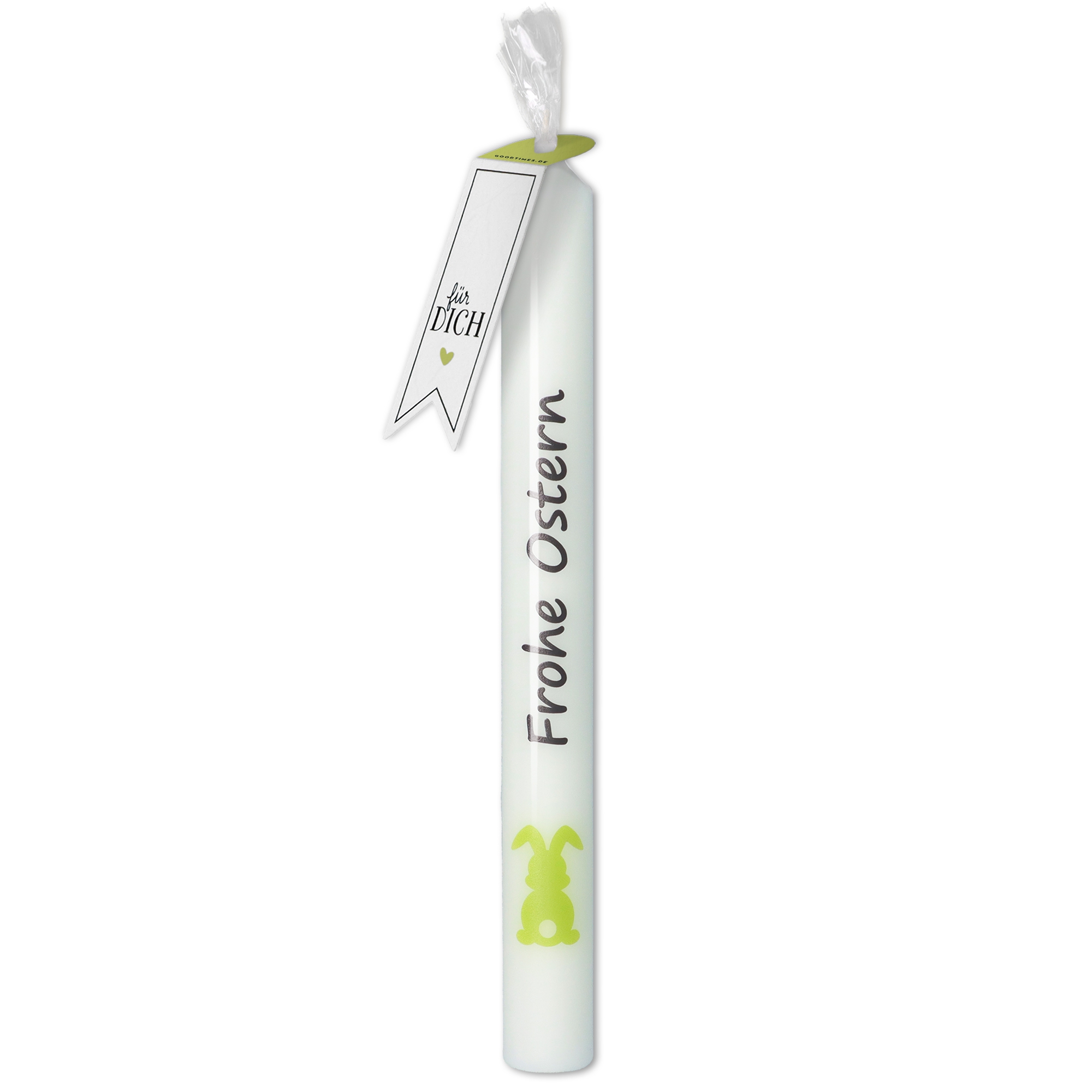 Stabkerze Weiß, Hellgrüner Hase "Frohe Ostern" Stabkerze Weiß, Hellgrüner Hase "Frohe Ostern"