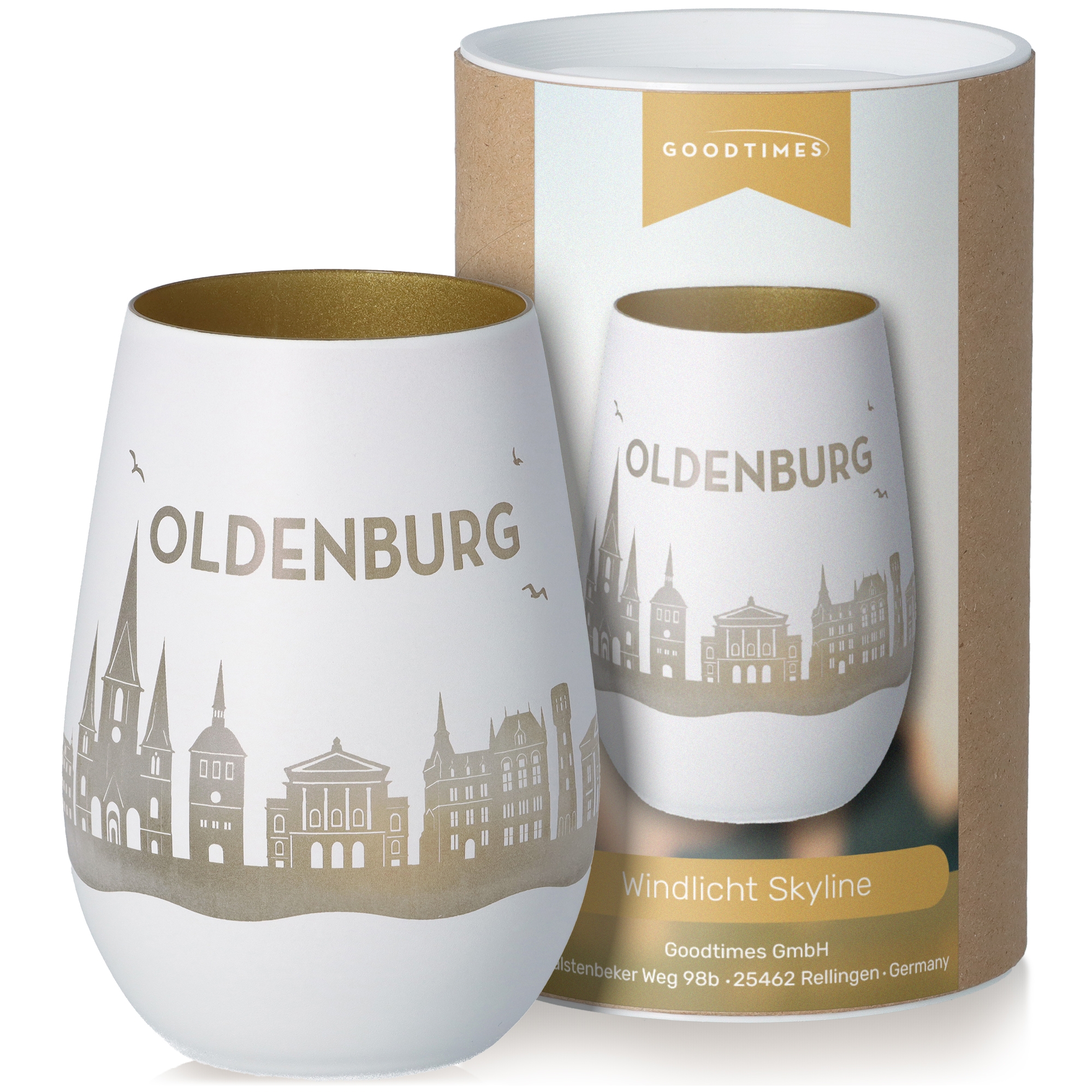 Windlicht Skyline Oldenburg Weiß/Gold Töpferei, Porzellan, Glas, Tasse
