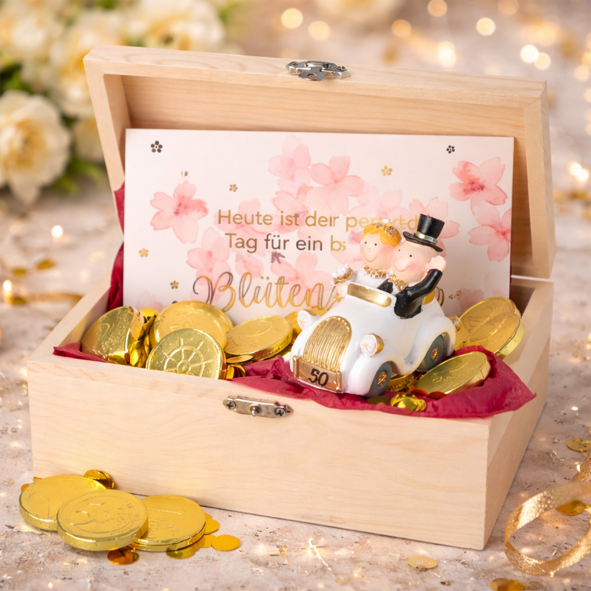 Schatzkiste, Goldmünzen, Holzkiste, Hochzeit, Miniaturwagen