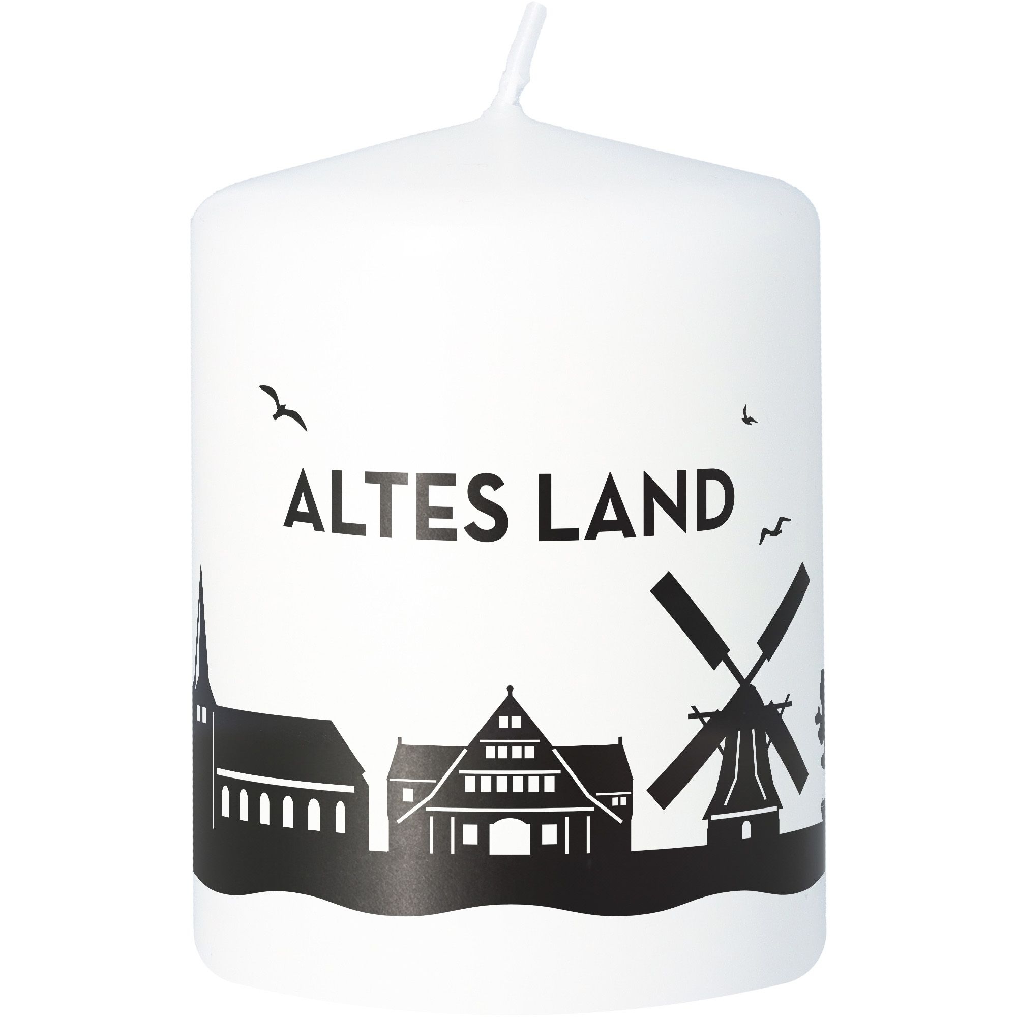 Stumpenkerze Skyline Altes Land Weiß Kerze