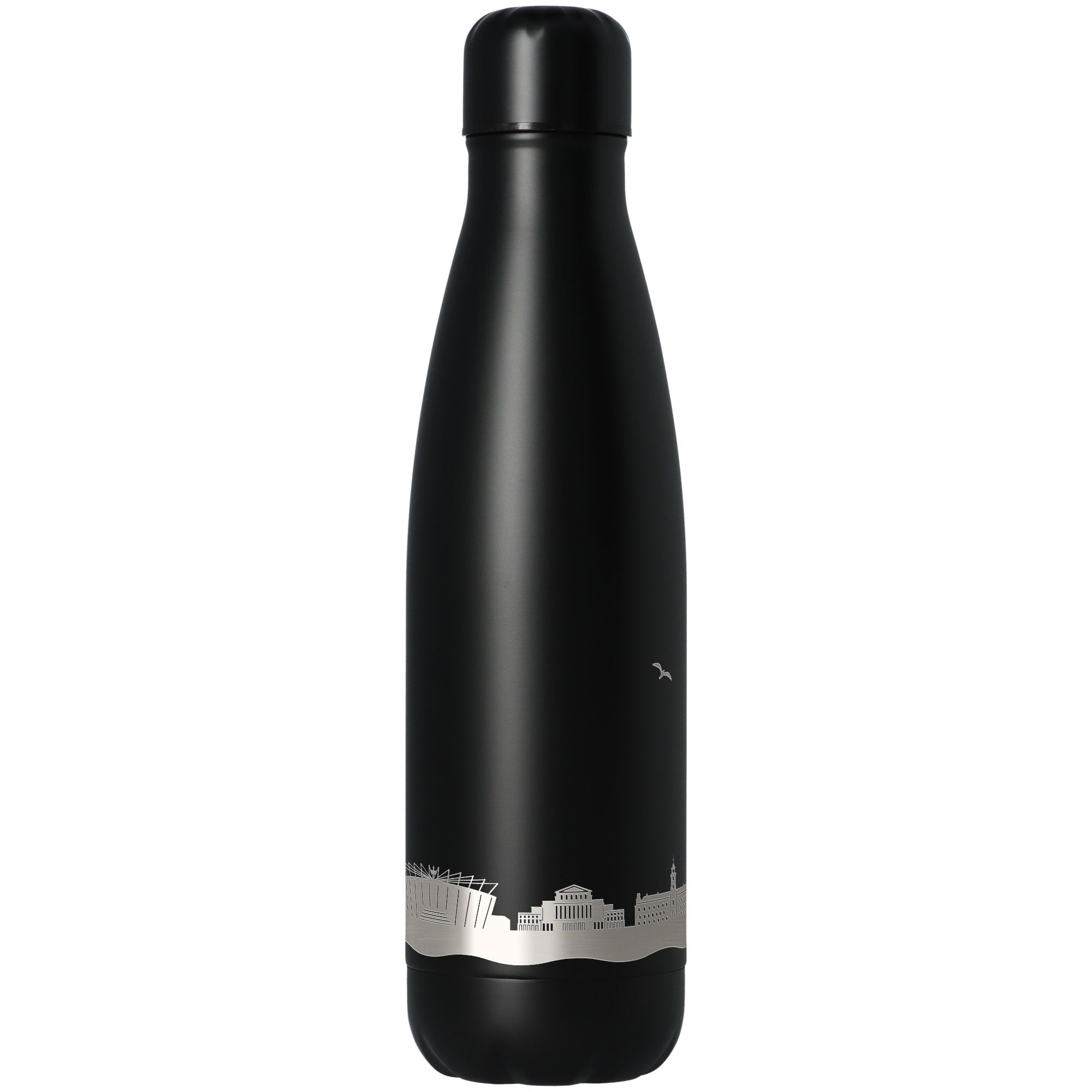Isolierflasche, Thermoflasche, schwarz, Metall, Stadtmotiv
