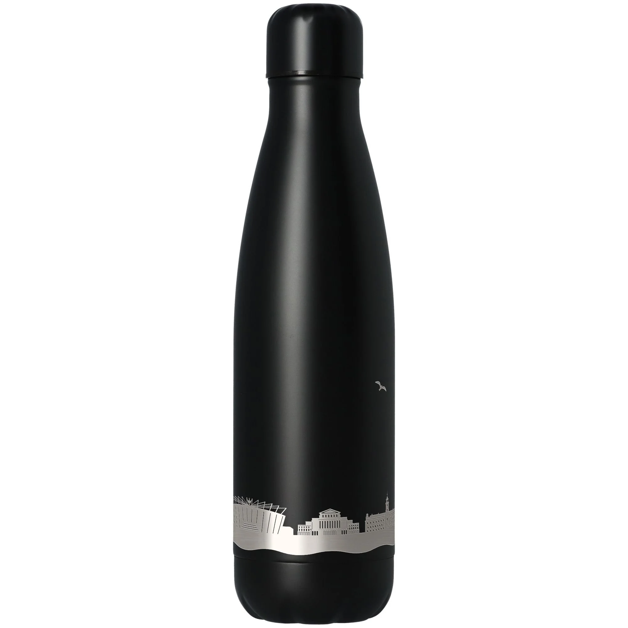 Isolierflasche, Thermoflasche, schwarz, Metall, Stadtmotiv