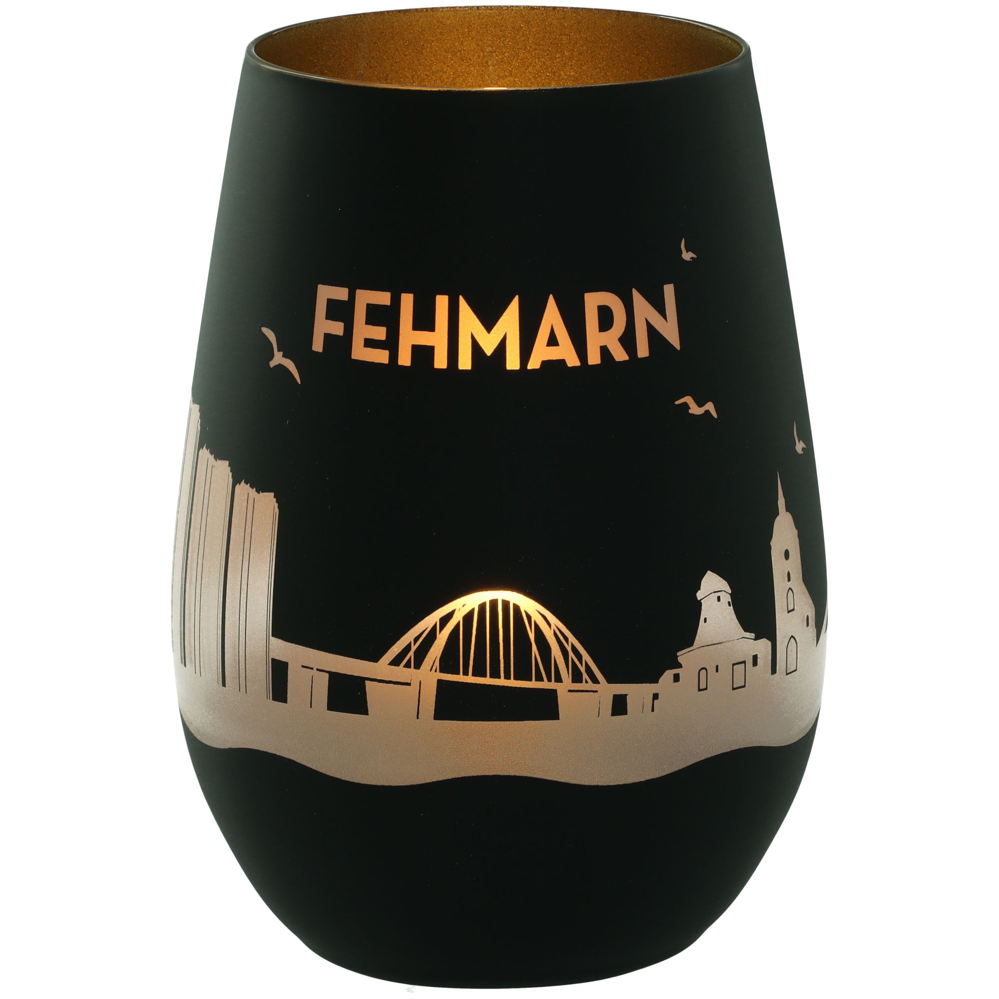 Windlicht Skyline Fehmarn Schwarz/Gold Krug, Töpferei, Glas