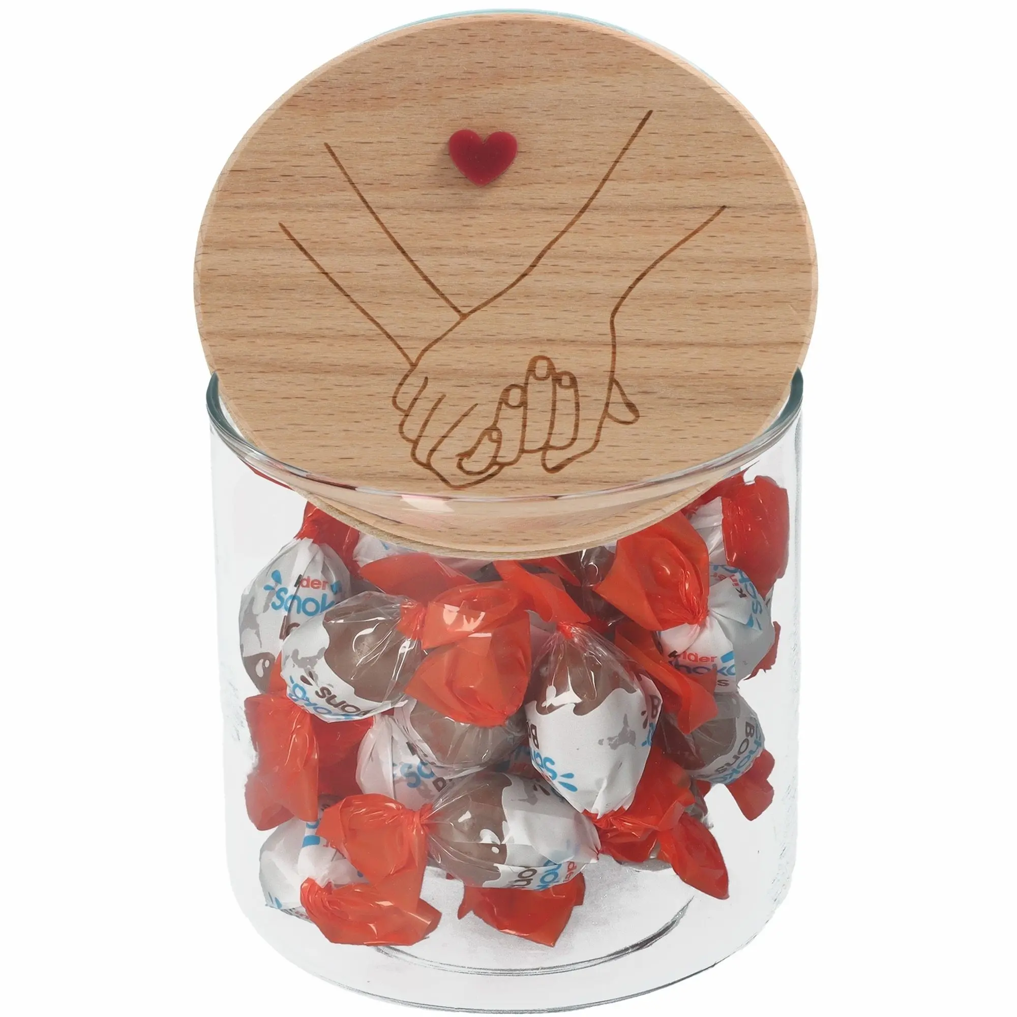Holzdeckel, Glasbehälter, Karamellbonbons, Rot-weiß verpackt, Holzdeckel mit Händen-Design