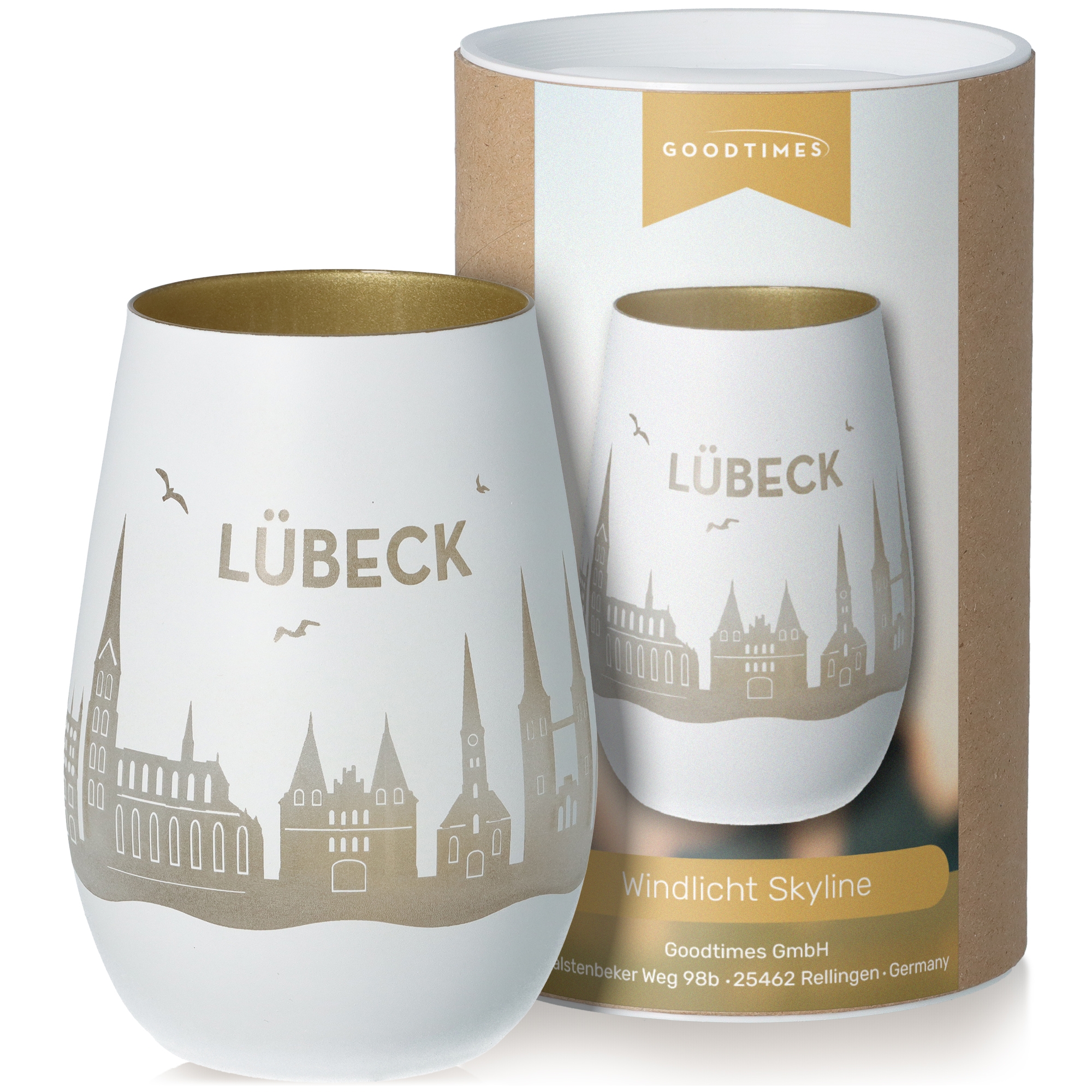 Windlicht Skyline Lübeck Weiß/Gold Töpferei, Krug, Tasse, Porzellan, Vase