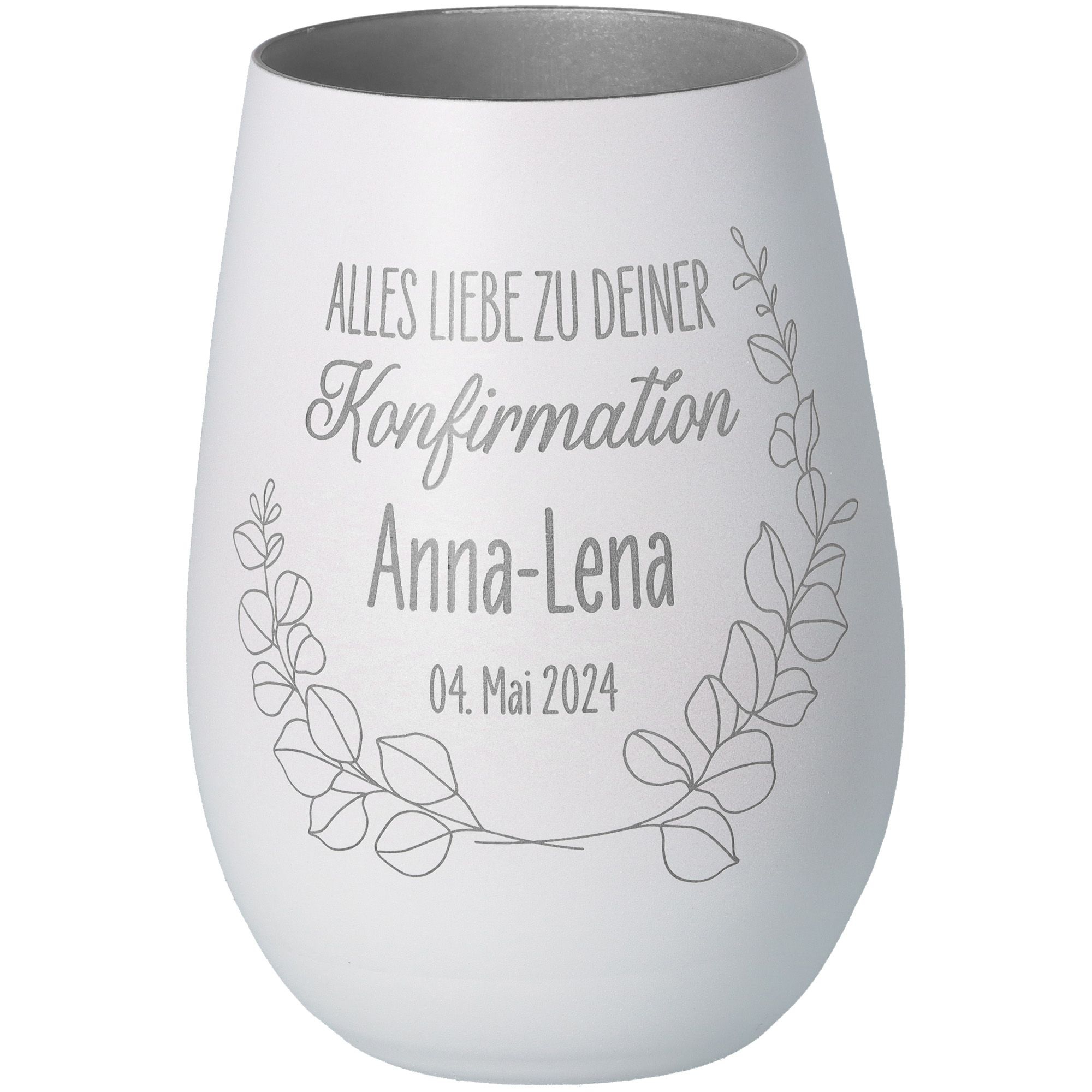 Windlicht Konfirmation Weiß/Silber "Name + Datum" Windlicht Konfirmation Weiß/Silber "Name + Datum"