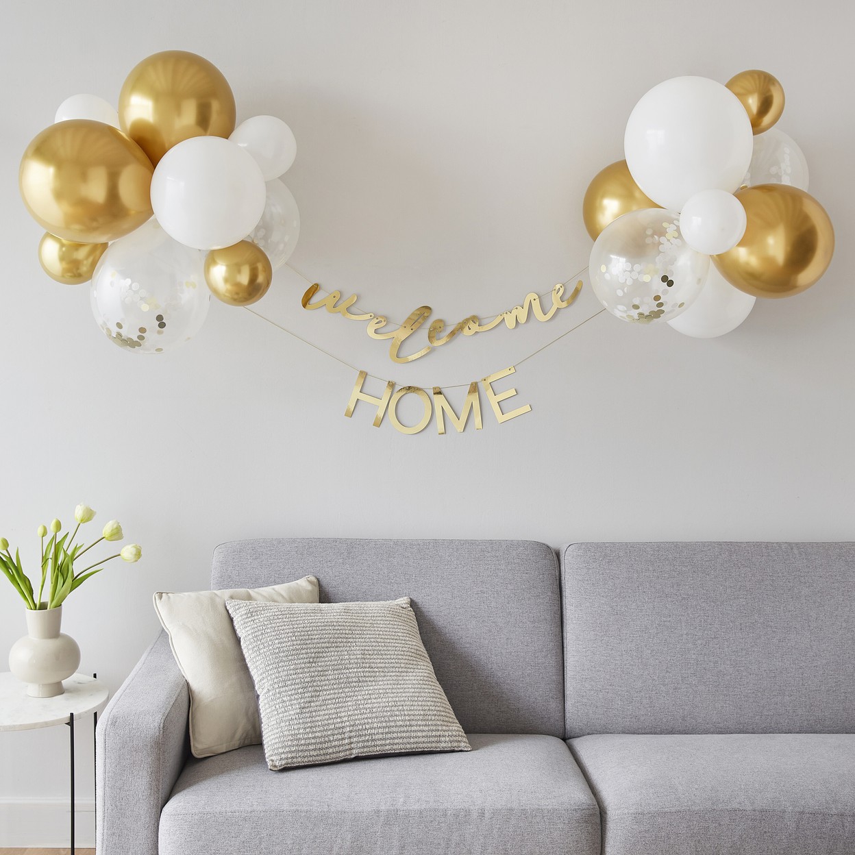 Girlandenset mit Ballons "Welcome Home", Gold/Weiß