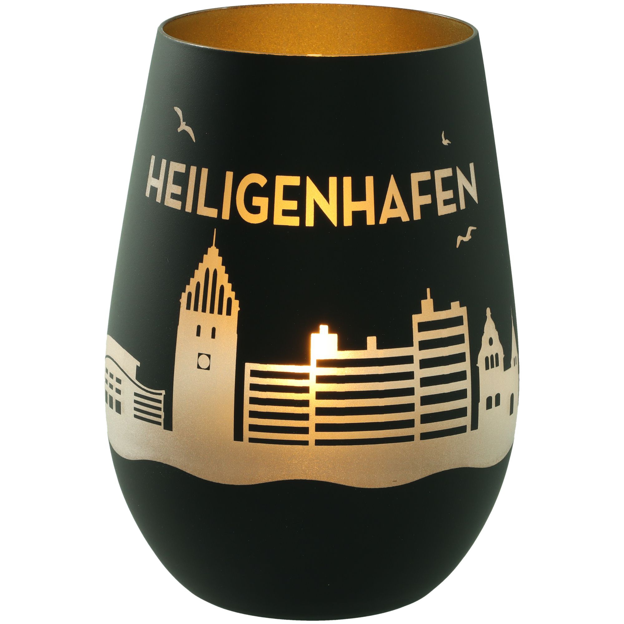 Windlicht Skyline Heiligenhafen Schwarz/Gold Töpferei, Lampe