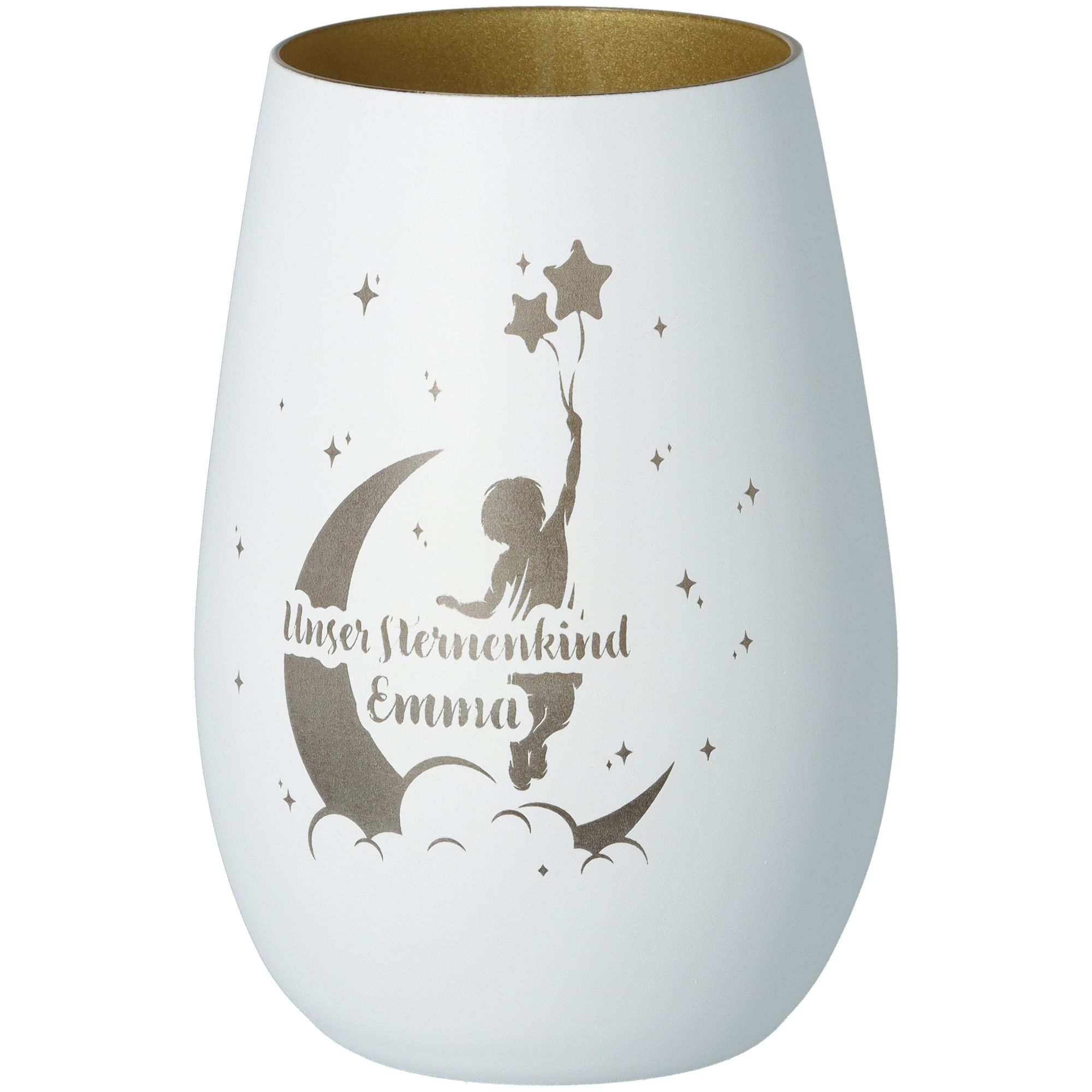 Windlicht Unser Sternenkind Weiß/Gold "Name" Windlicht Unser Sternenkind Weiß/Gold "Name"